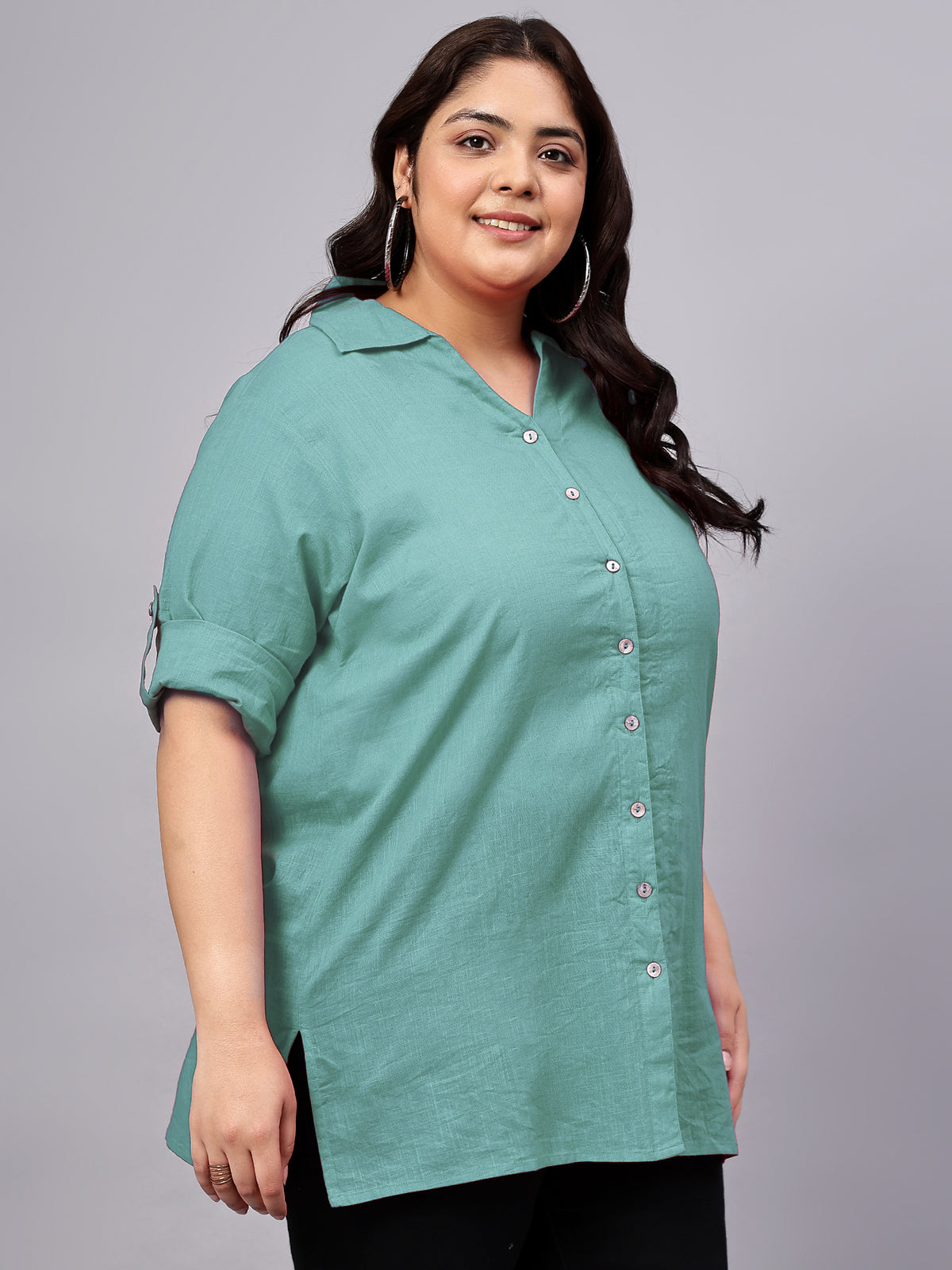 Blue Cotton Longline Plus Size Shirt