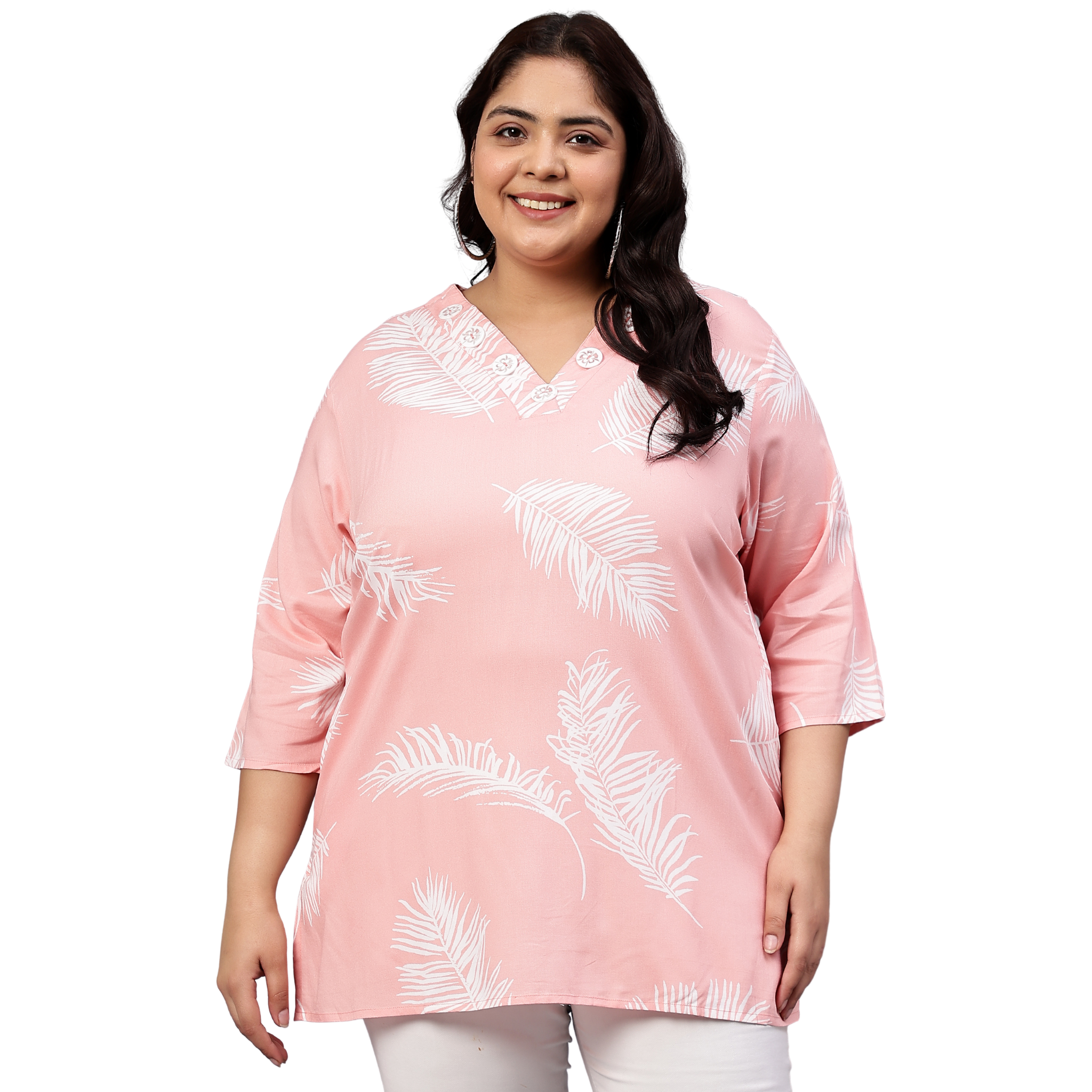 Pink Leaf Buttoned Plus Size Tunic