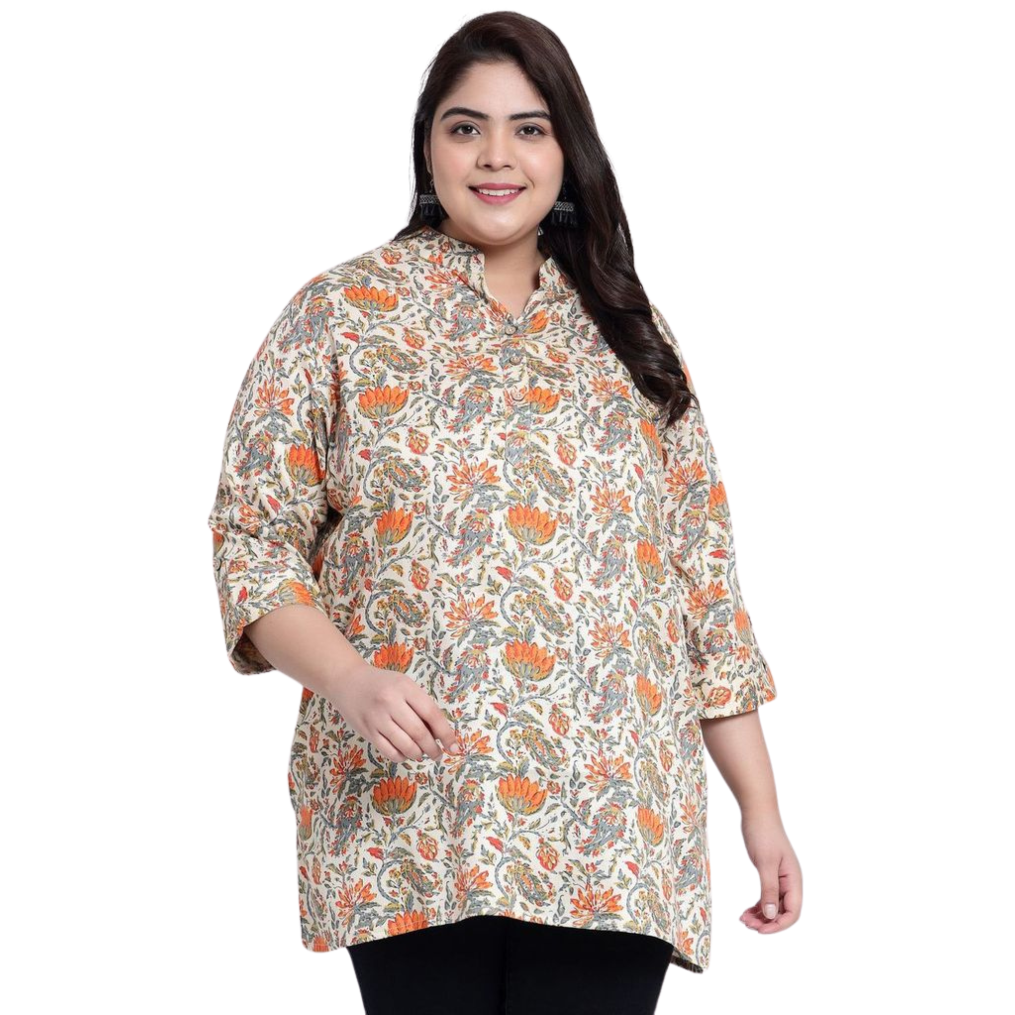 Orange and Beige Floral Print Plus Size Tunic