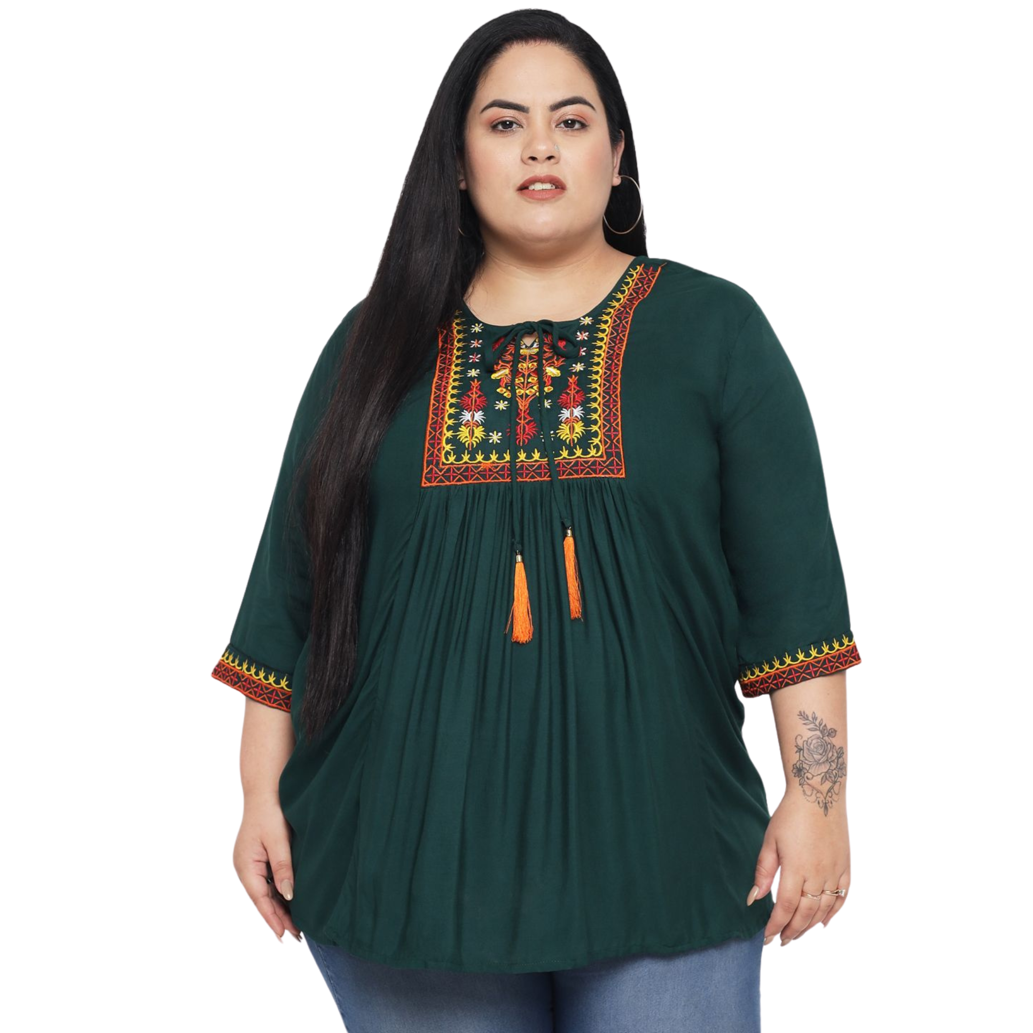 Dark Green Embroidered Plus Size Tunic