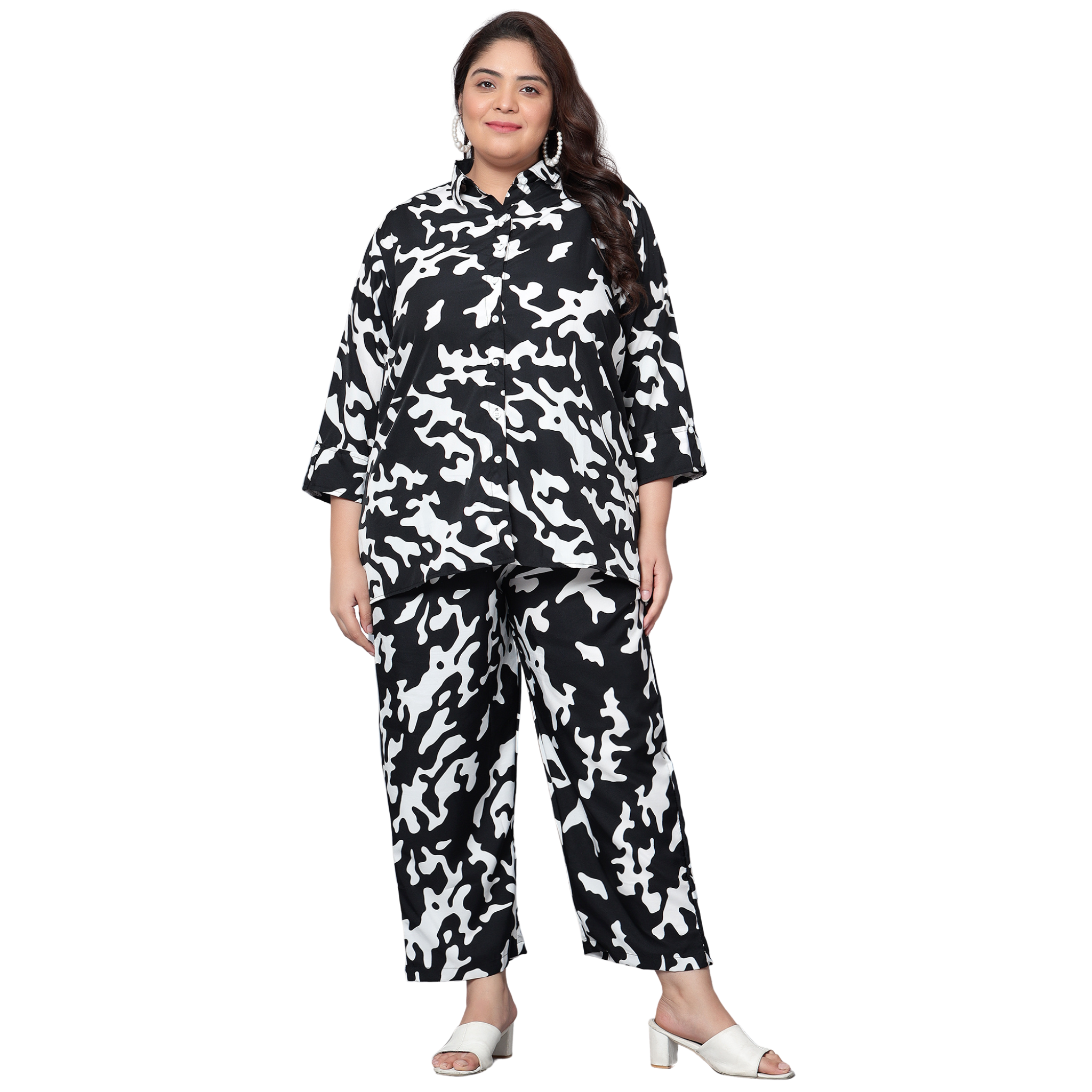 Black and White Abstract Print Plus Size Co-Ord Set