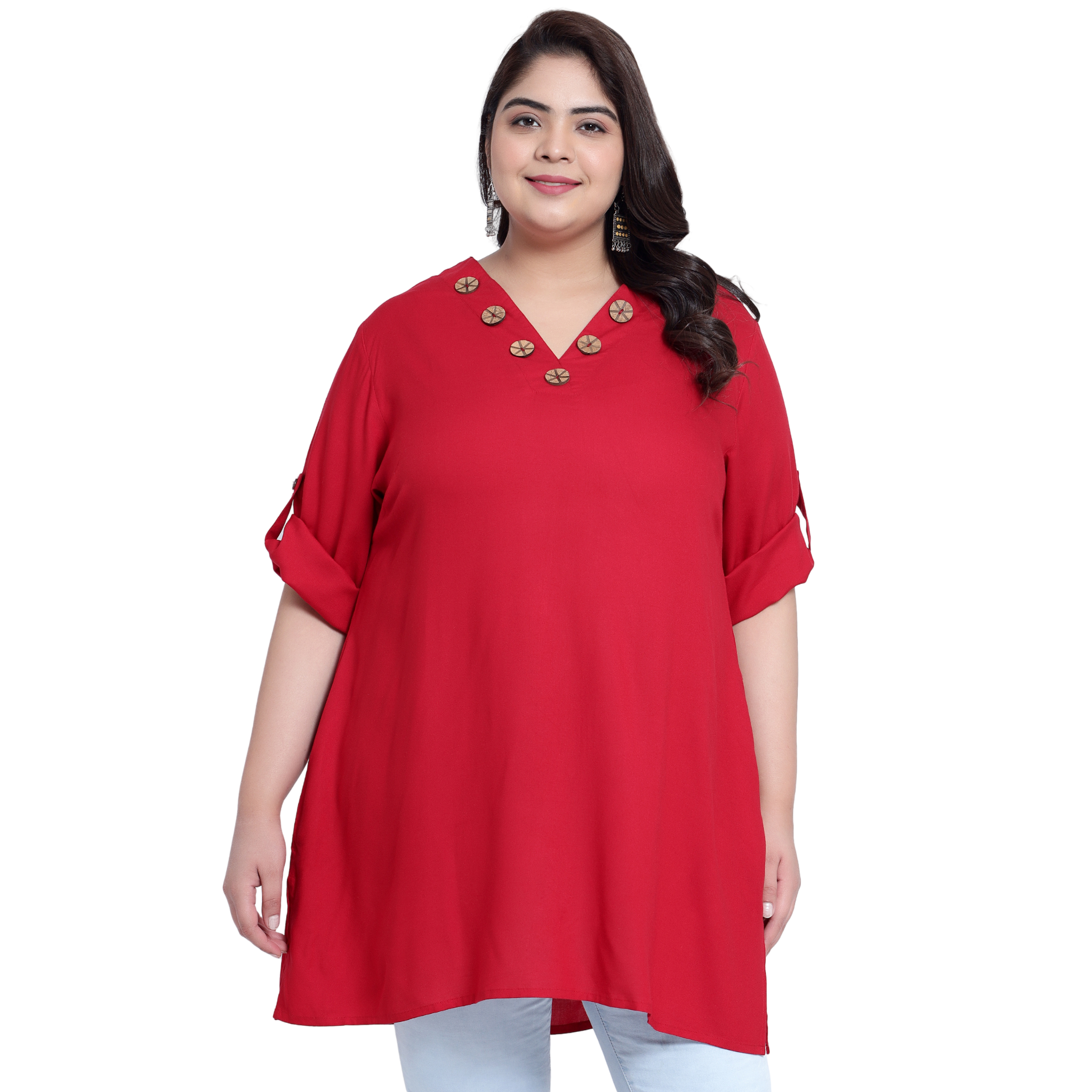 Maroon Collar Button Plus Size Tunic