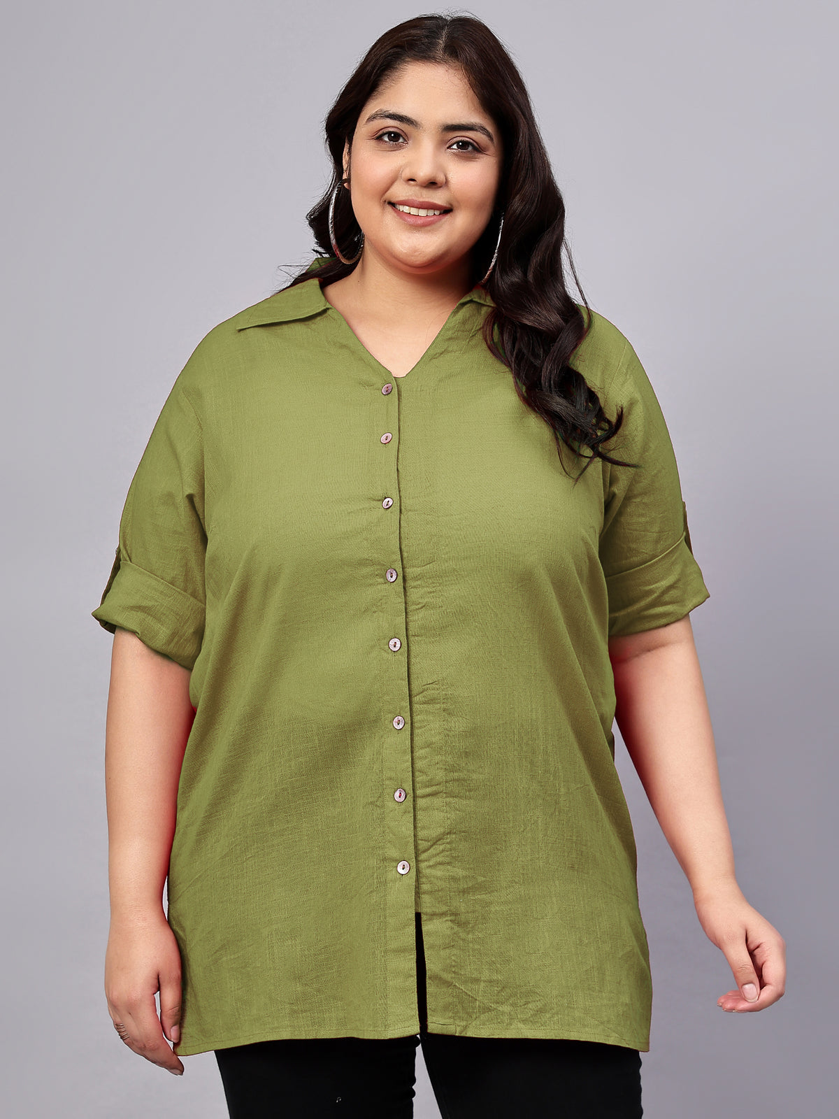 Green Cotton Longline Plus Size Shirt