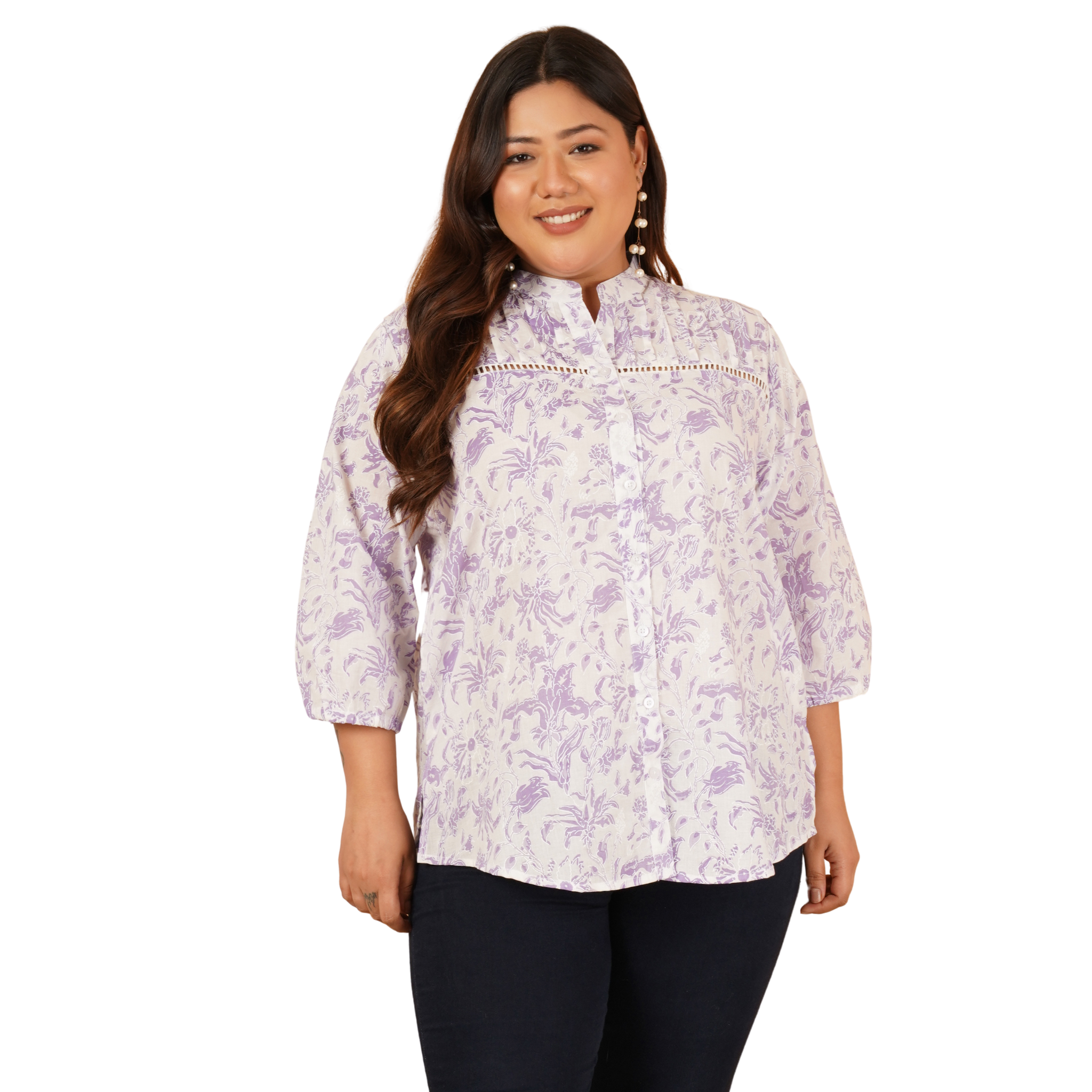 Purple Print Plus Size Lace Shirt