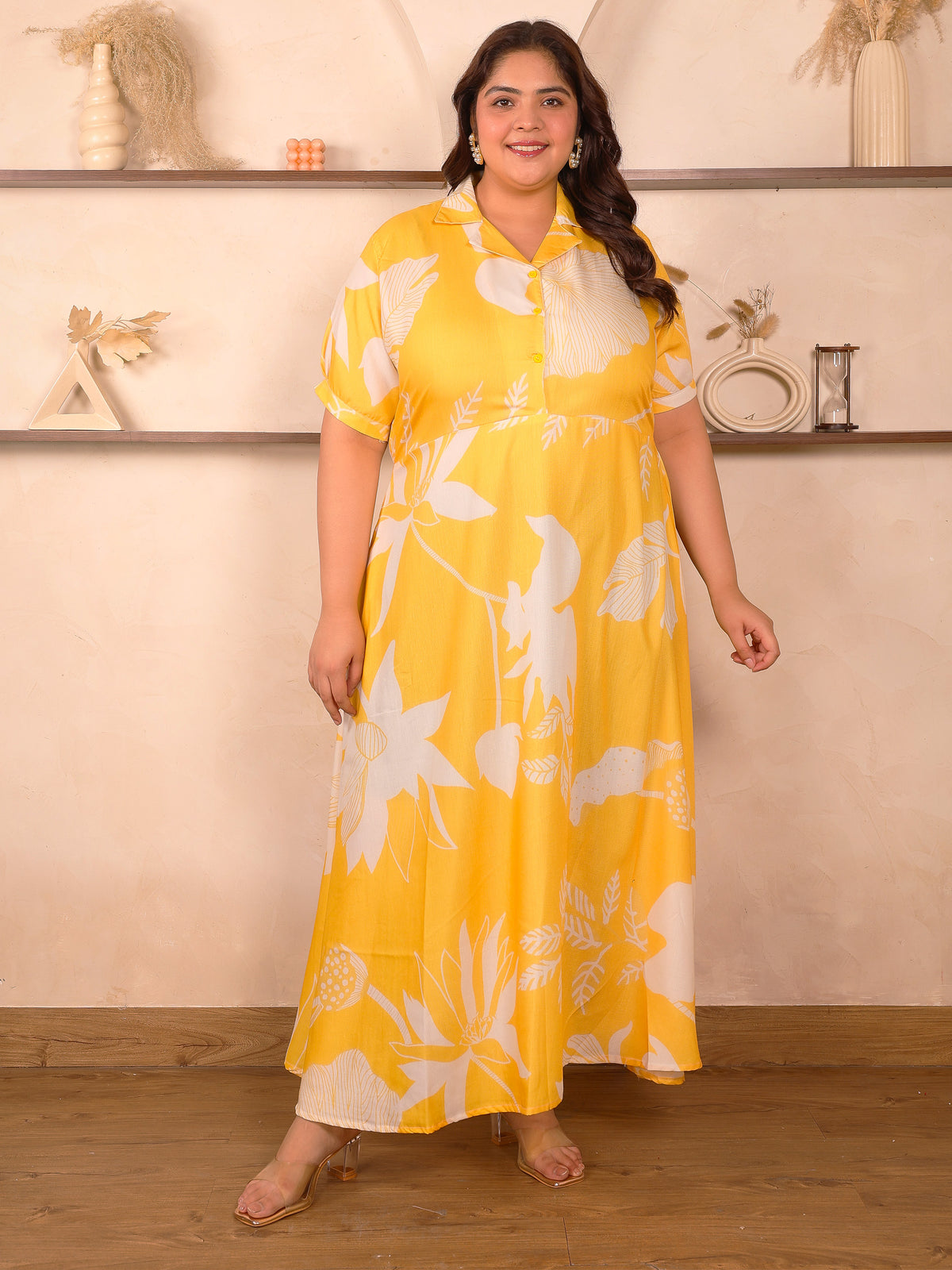 Yellow And White Floral Maxi Plus Size Dress