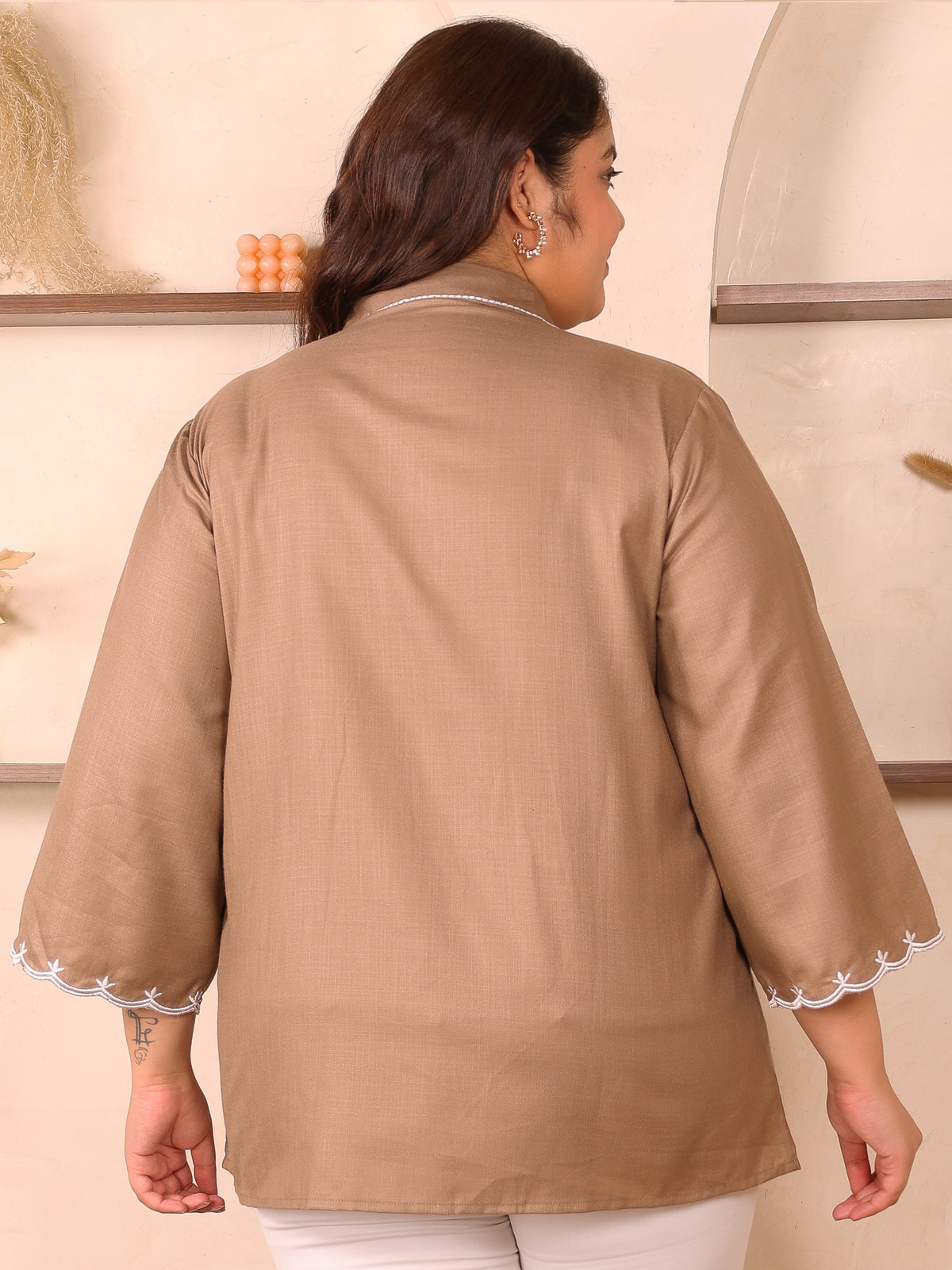 Brown Cotton Collar Embroidered Tunic
