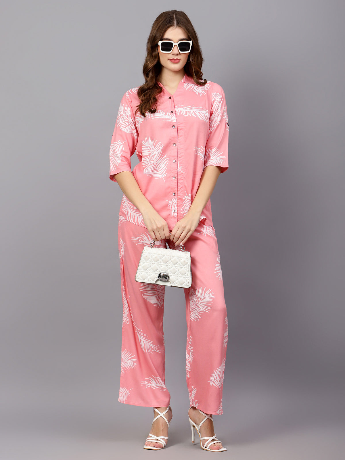 Pink Leaf Print Co-Ord Set