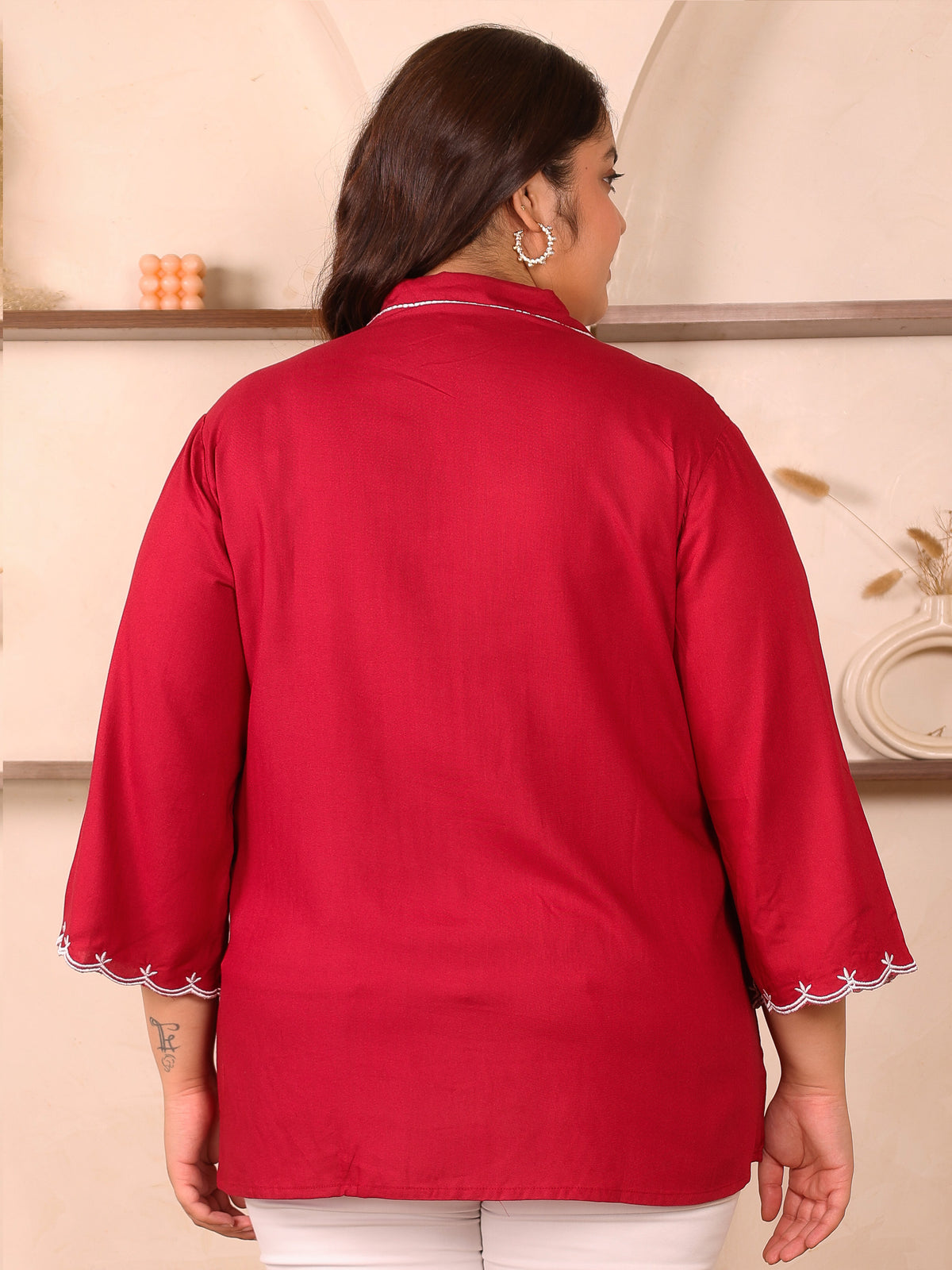 Red Rayon Collar Embroidered Tunic