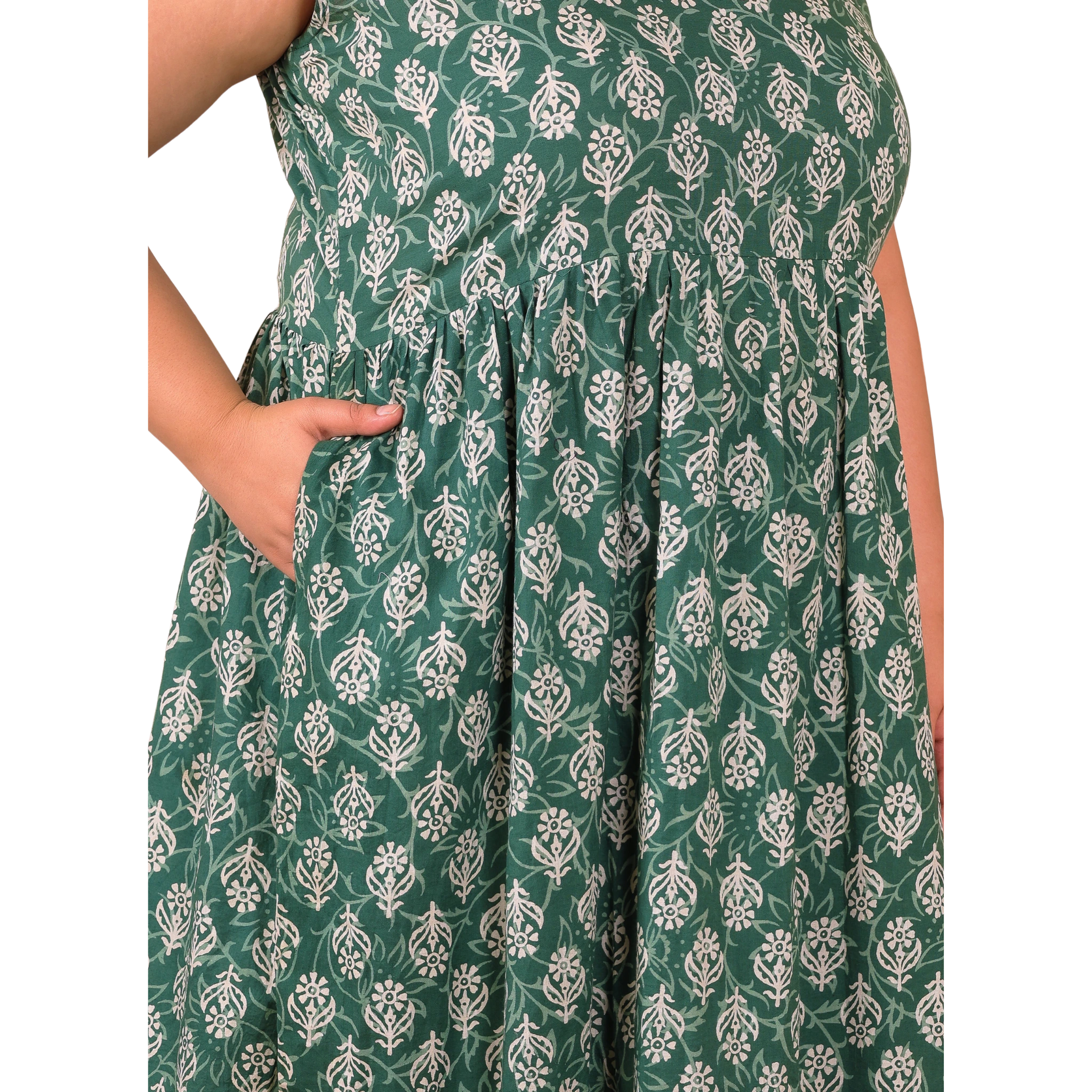 Green Geometric Print Cotton Plus Size Dress