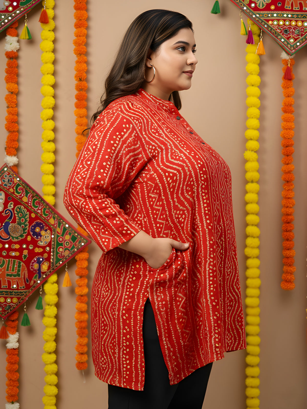 Red Bandhani Print Plus Size Tunic