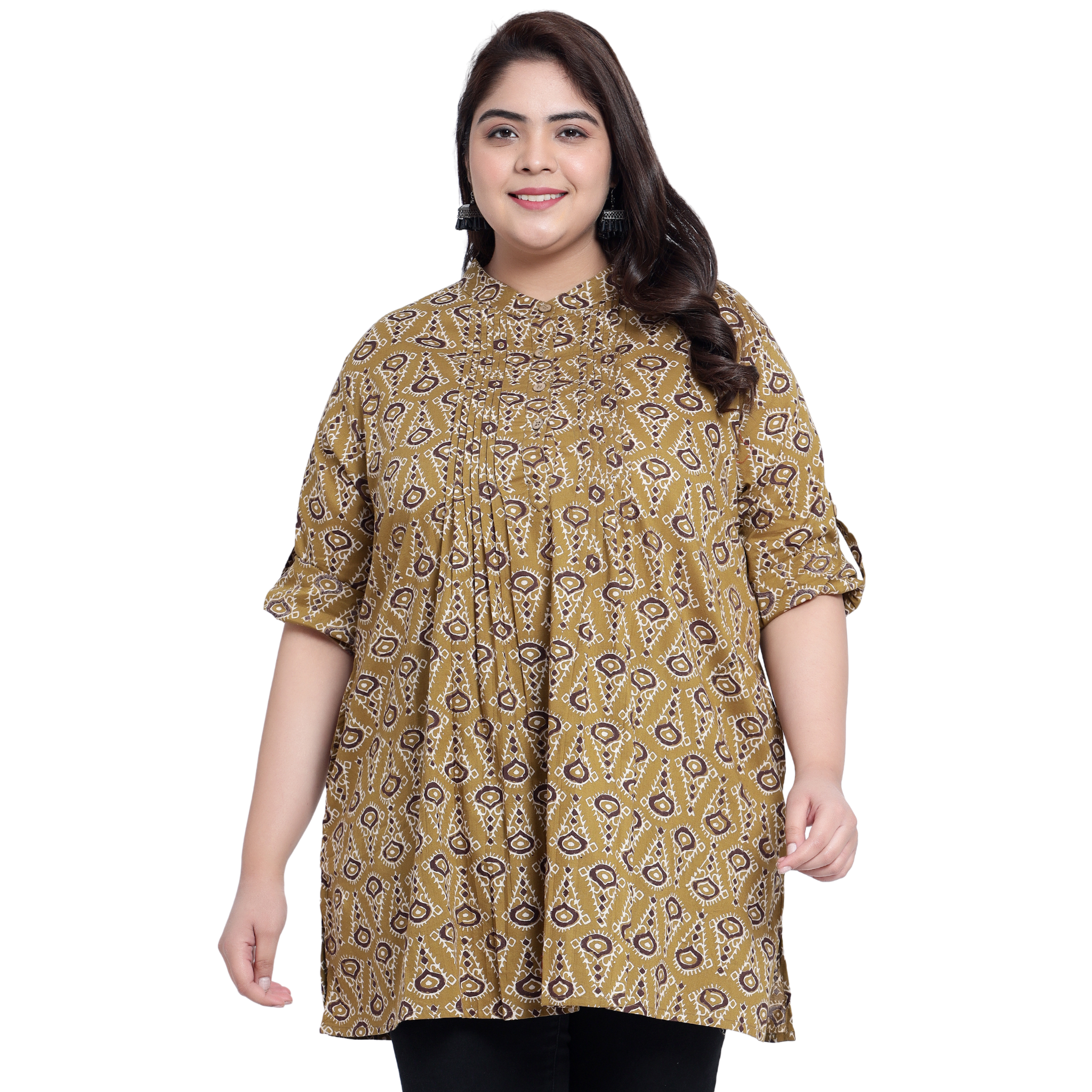 Mustard Geometric Print Pleat Plus Size Tunic