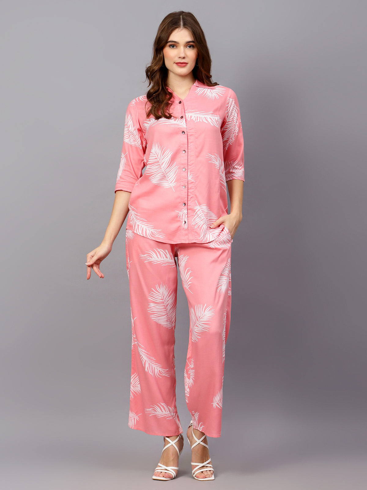 Pink Leaf Print Co-Ord Set