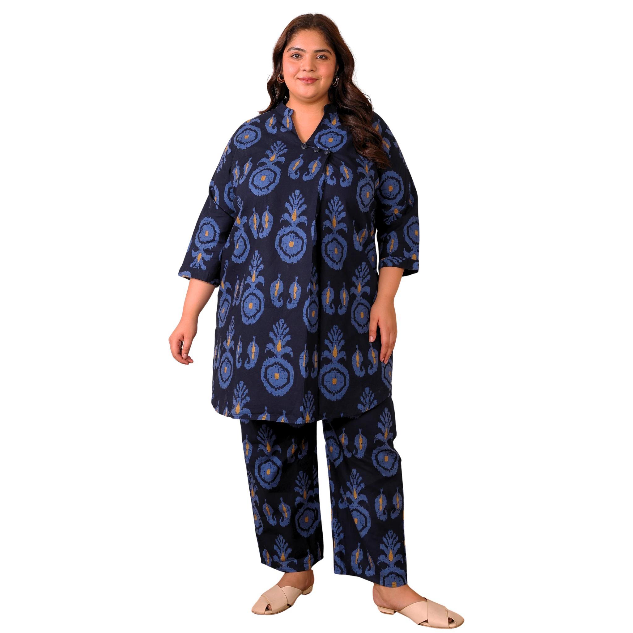 Indigo Blue Cotton Print Plus Size Co Ord Set