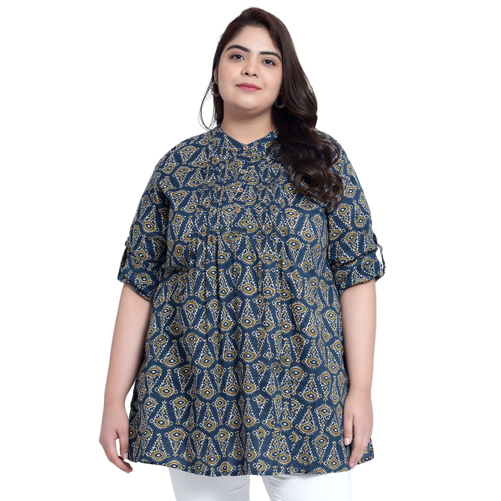 Blue Geometric Print Pleat Plus Size Tunic