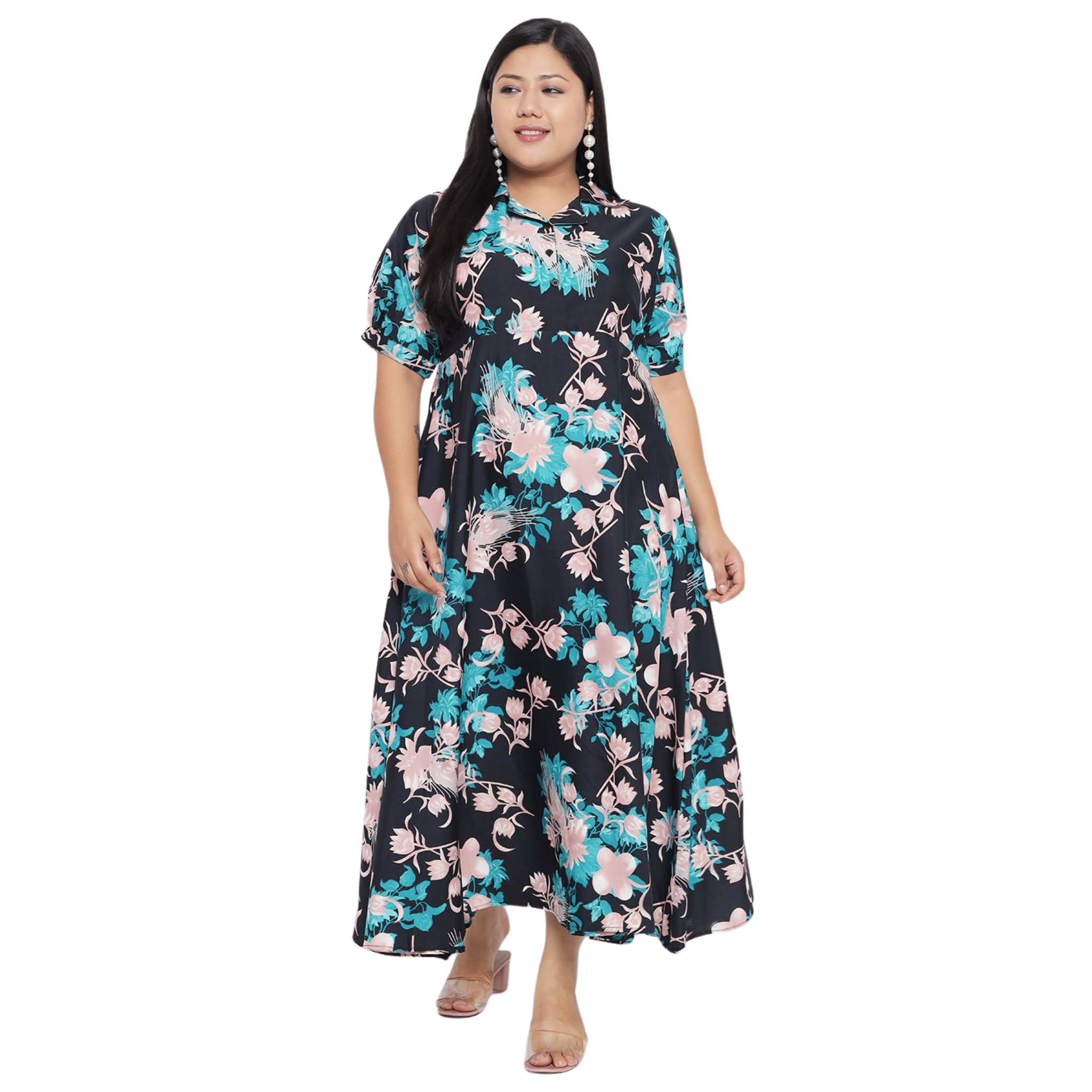 Black and Green Floral Plus Size Dress