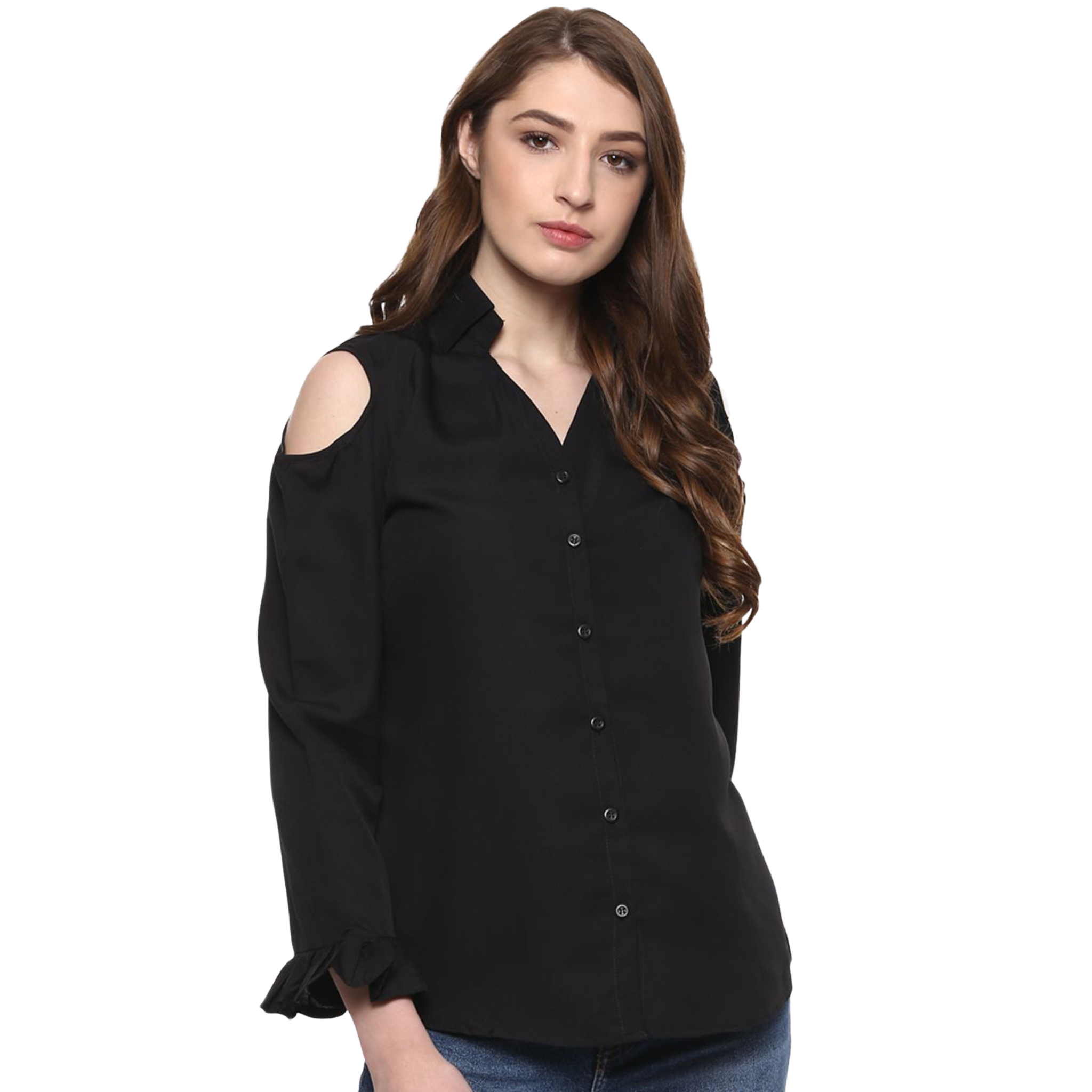 Black Cold Shoulder Ruffled Shirt