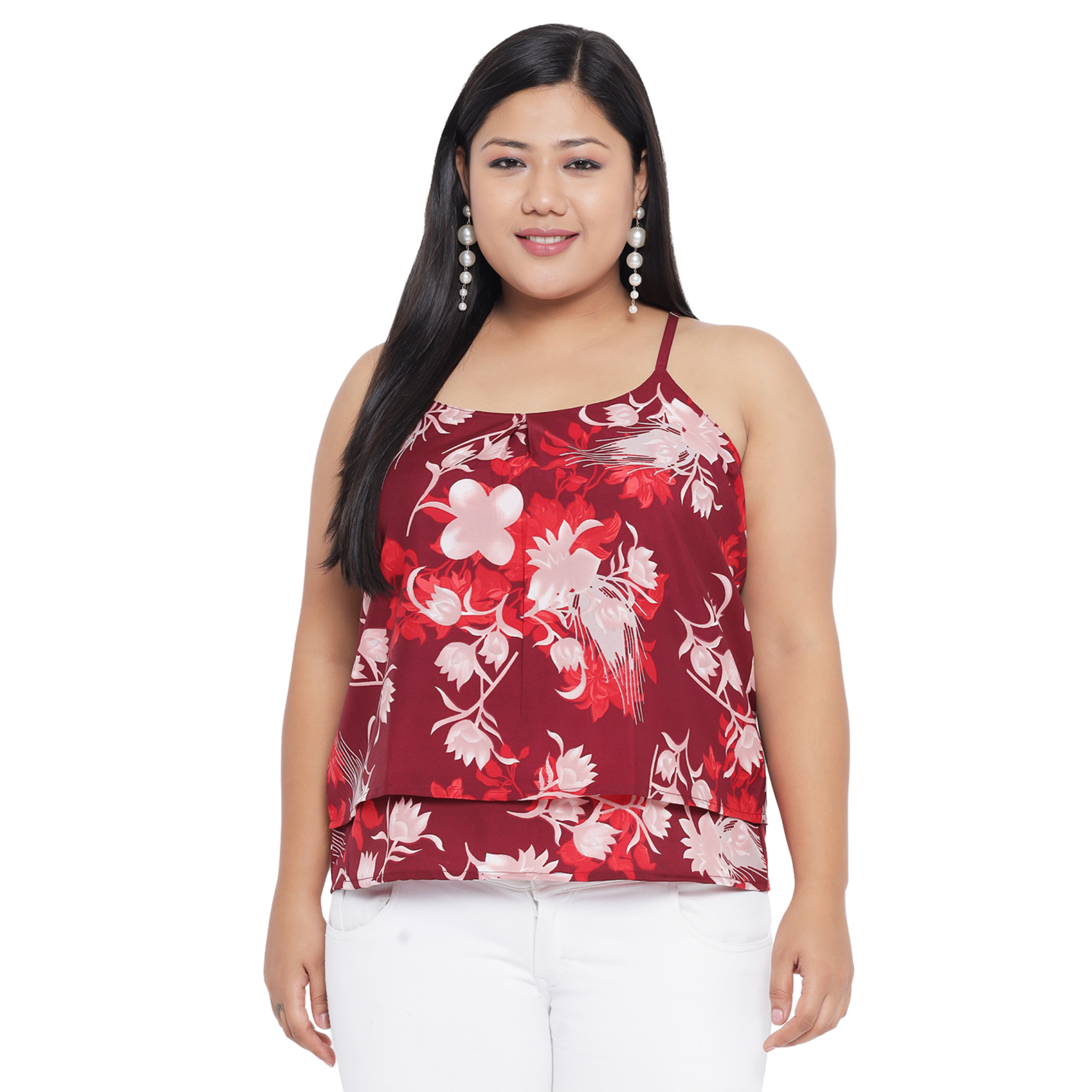 Red Floral Strap Plus Size Top