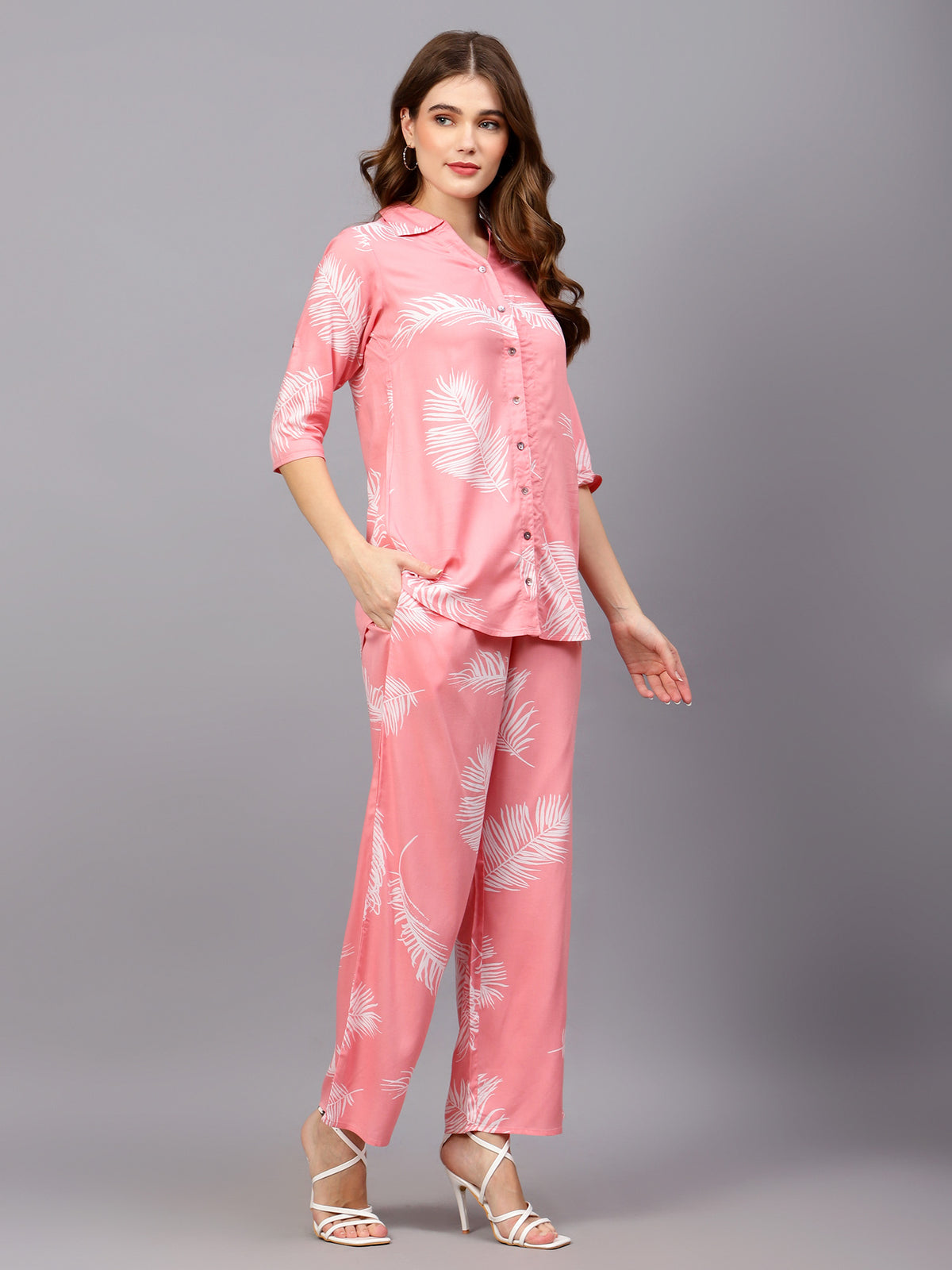 Pink Leaf Print Co-Ord Set