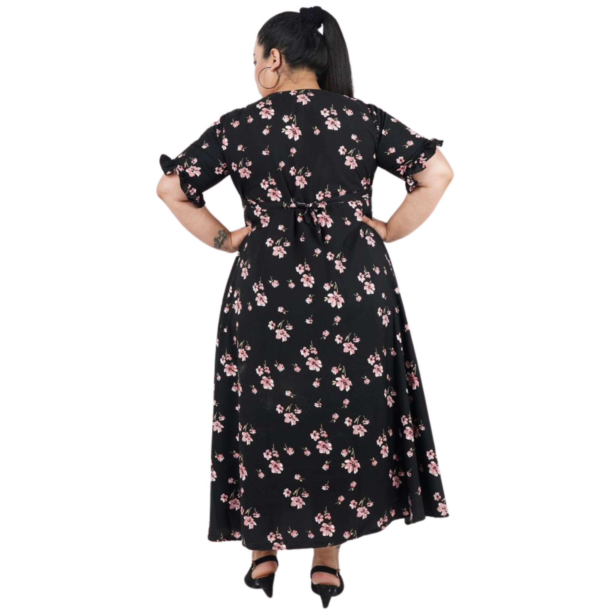 Black and Pink Floral Print Plus Size Dress