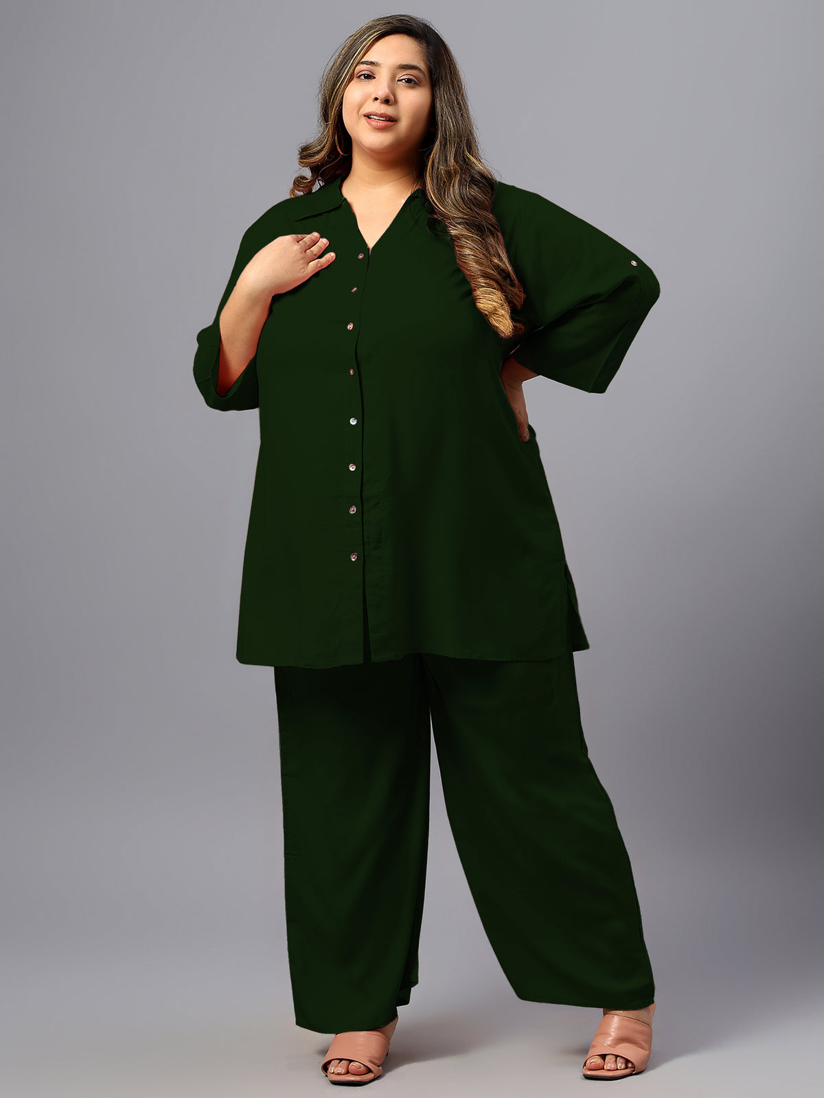 Dark Green Solid Plus Size Co-Ord Set