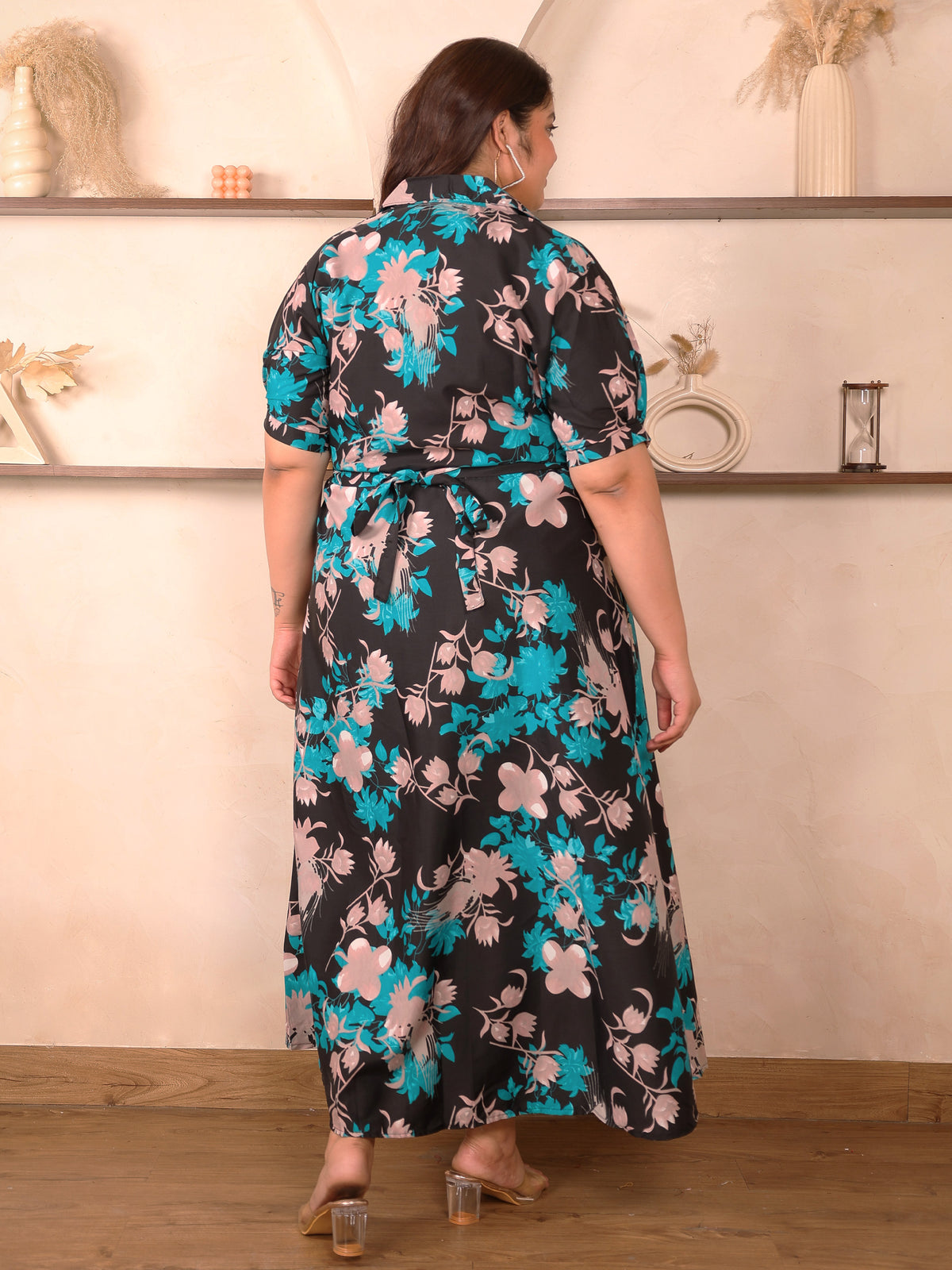 Black and Green Floral Plus Size Dress