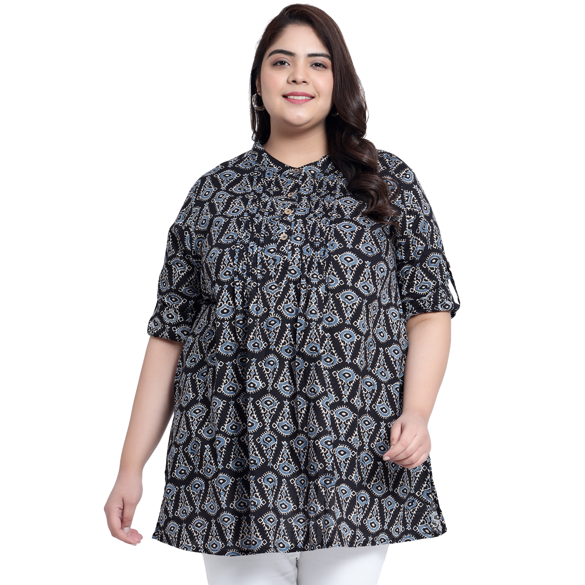 Black Geometric Print Pleat Plus Size Tunic