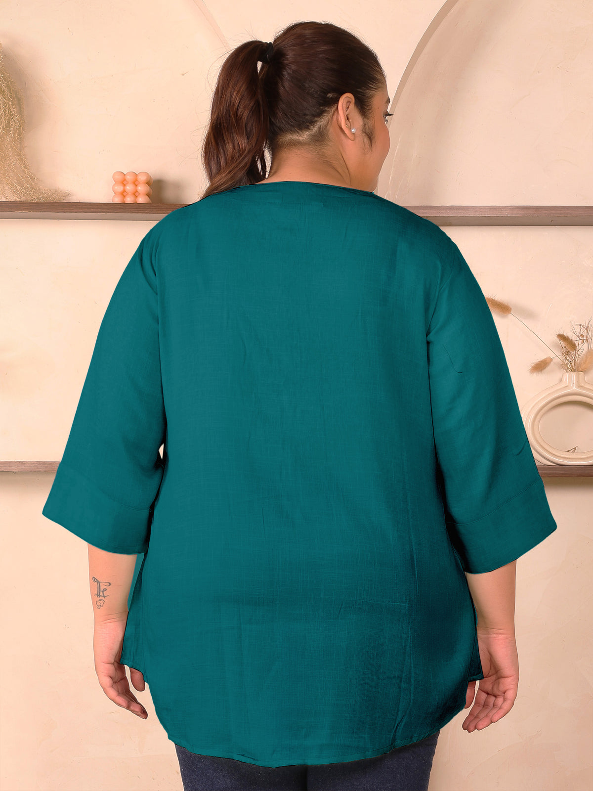 Turquoise Cotton Linen Plus Size Tunic