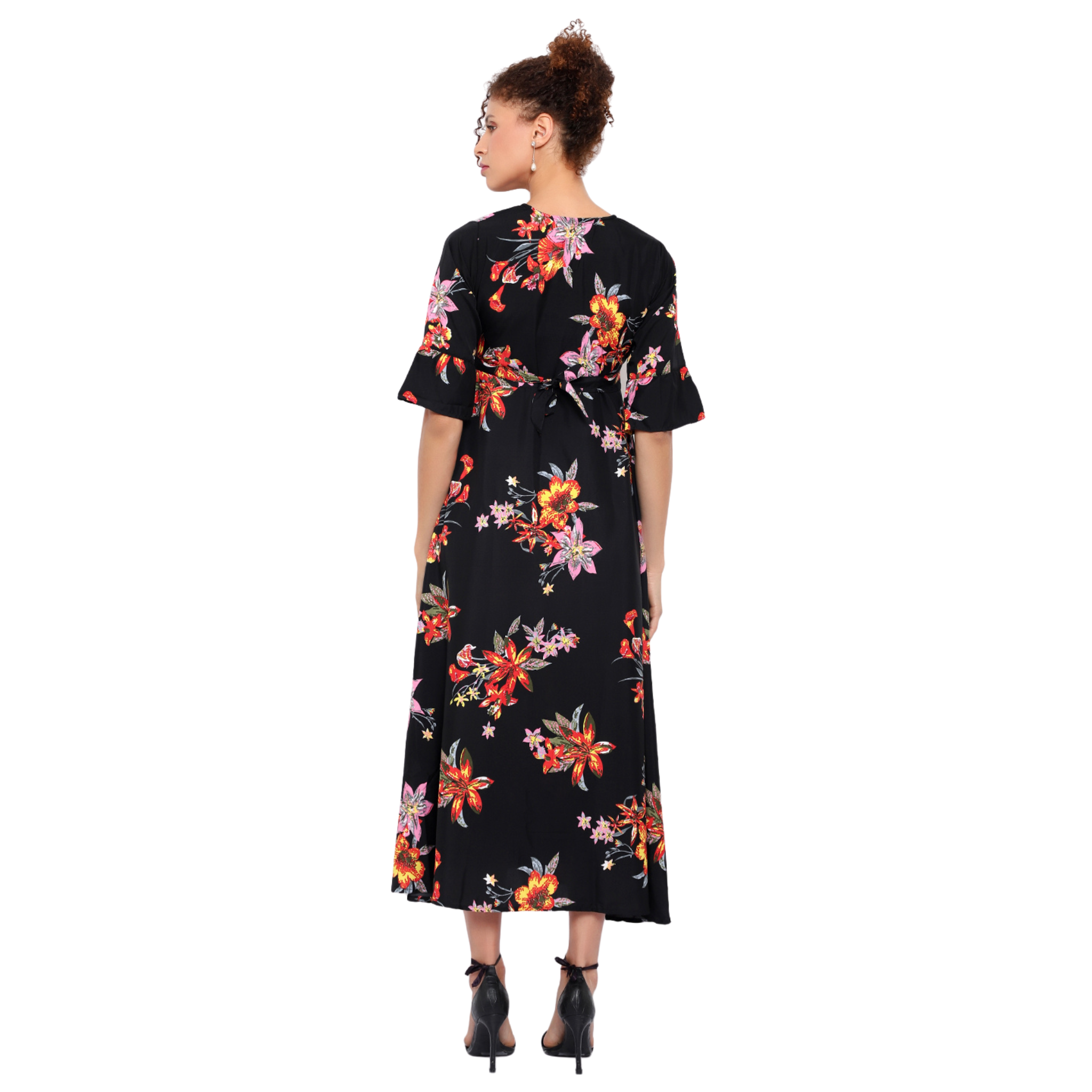 Black and Orange Floral Print Dress