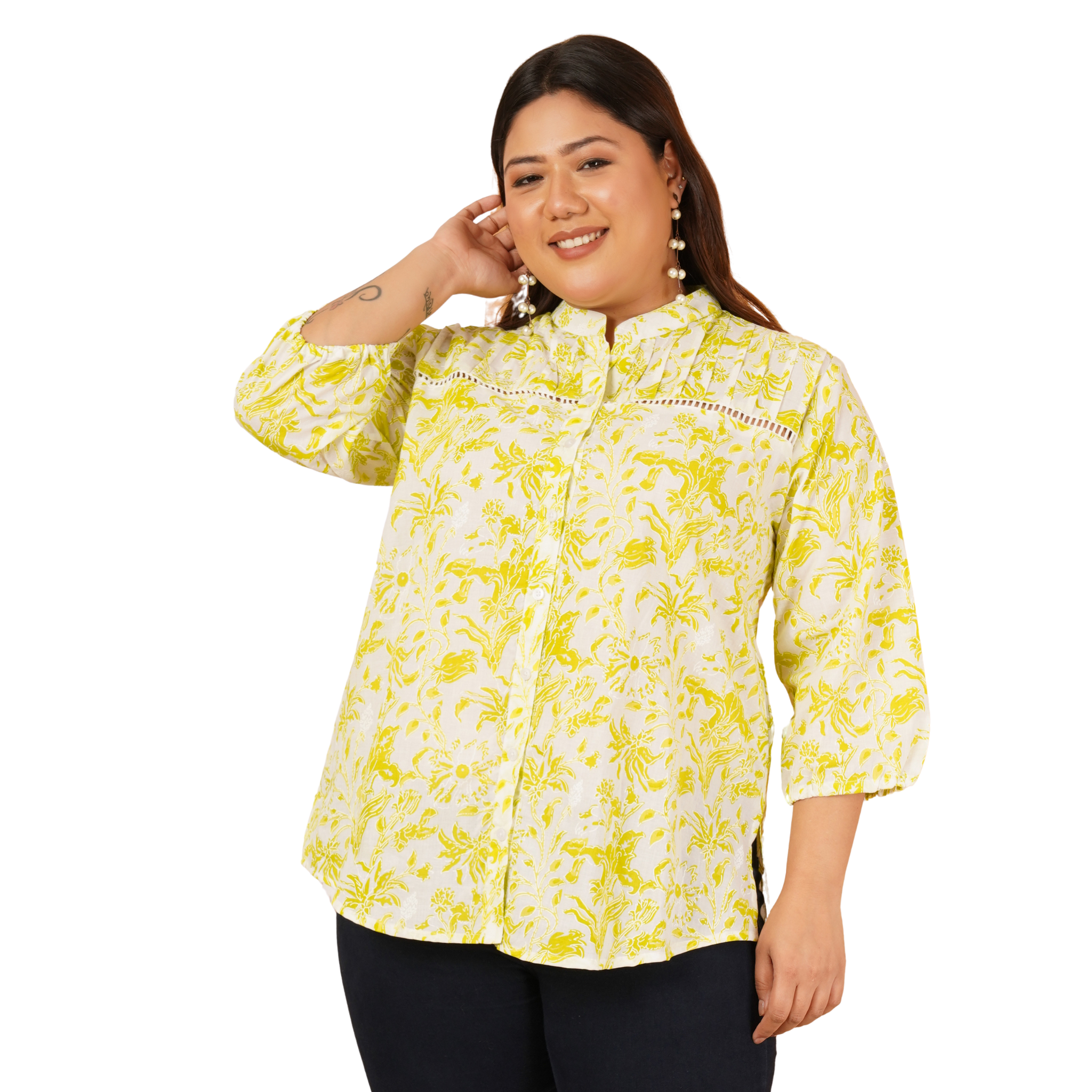 Yellow Print Plus Size Lace Shirt