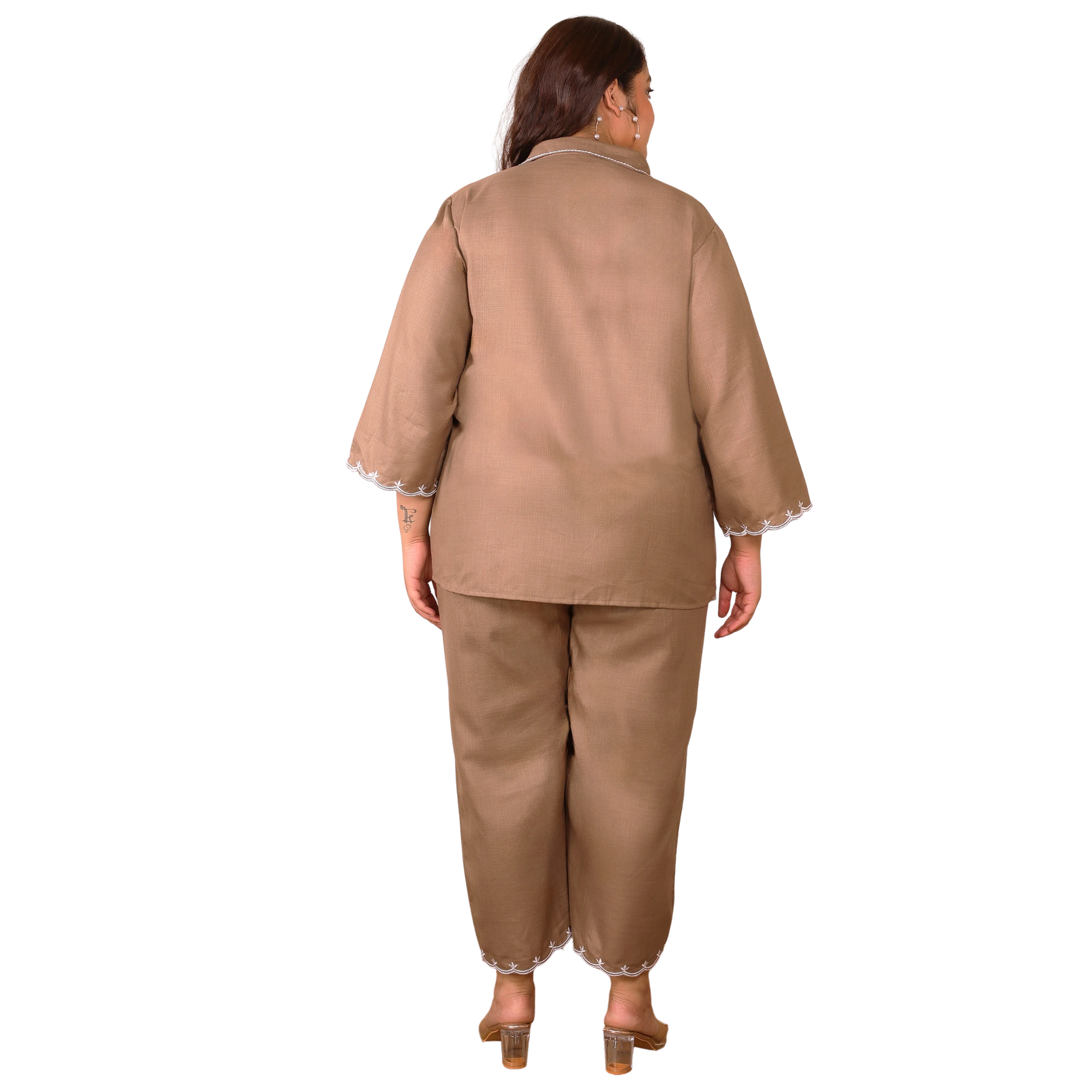 Brown Cotton Collar Embroidered Co Ord Set