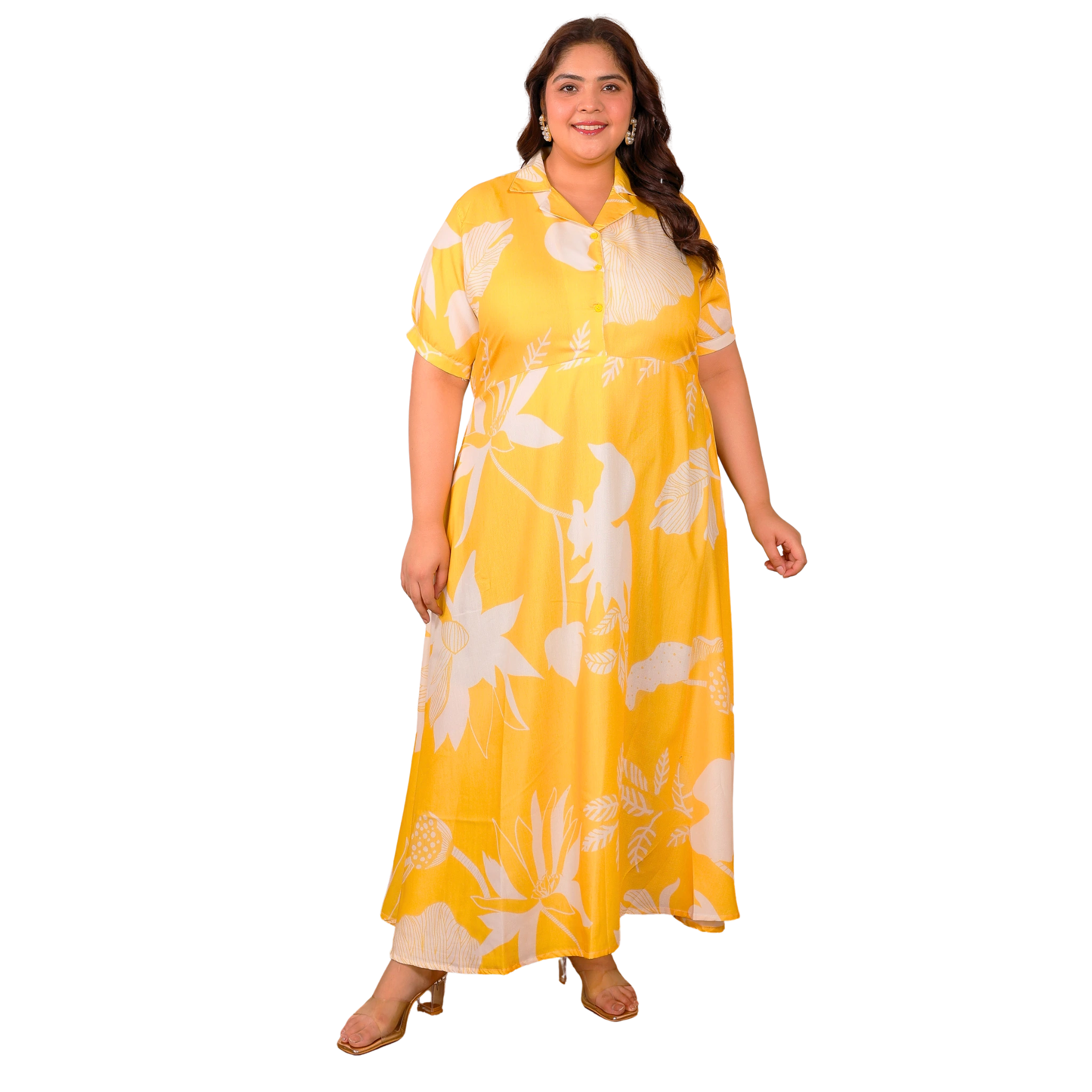 Yellow And White Floral Maxi Plus Size Dress