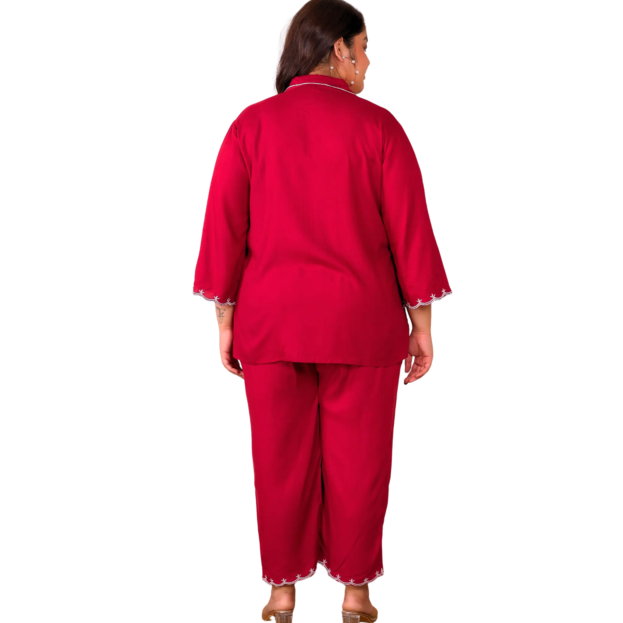 Red Rayon Collar Embroidered Co Ord Set