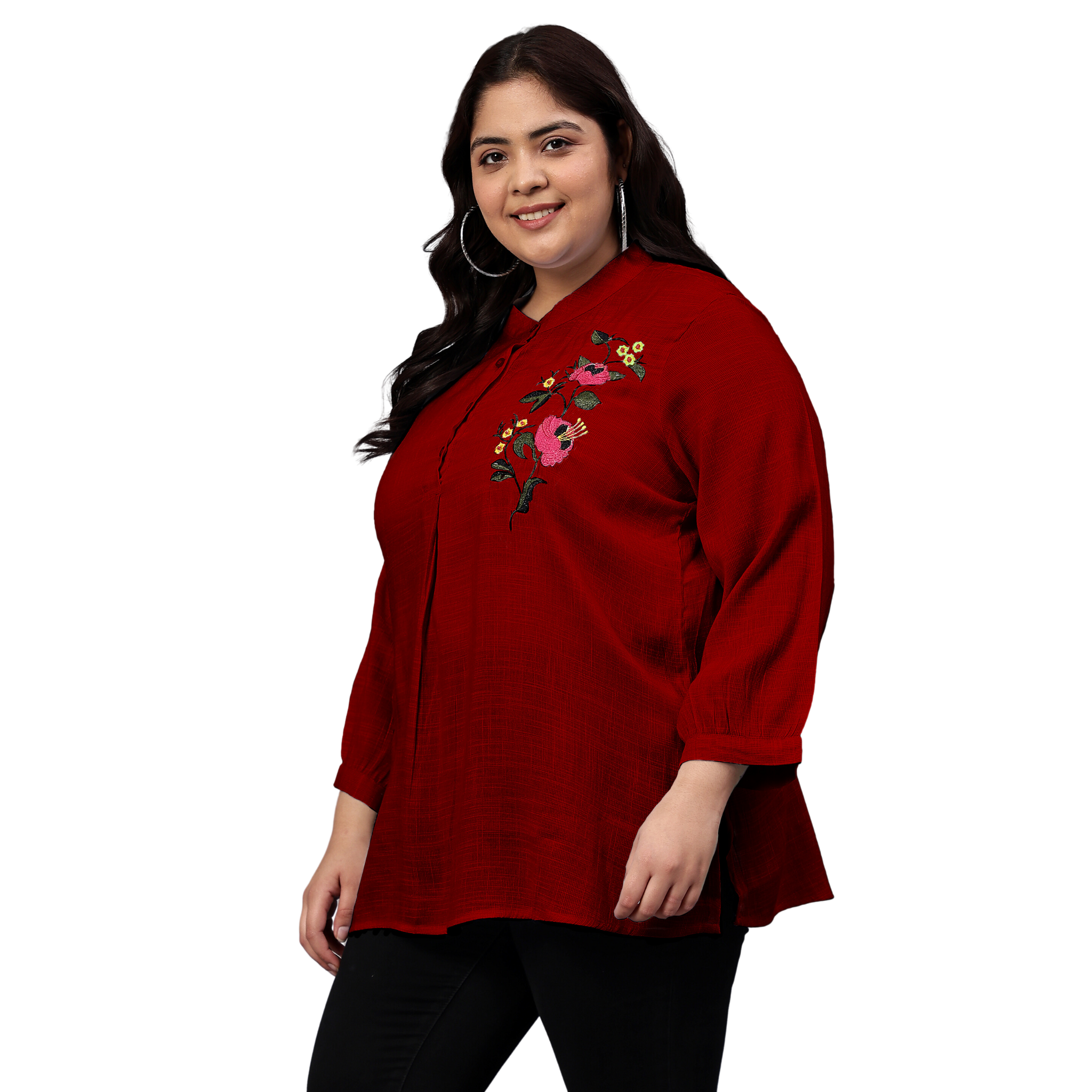 Maroon Floral Embroidered Plus Size Tunic