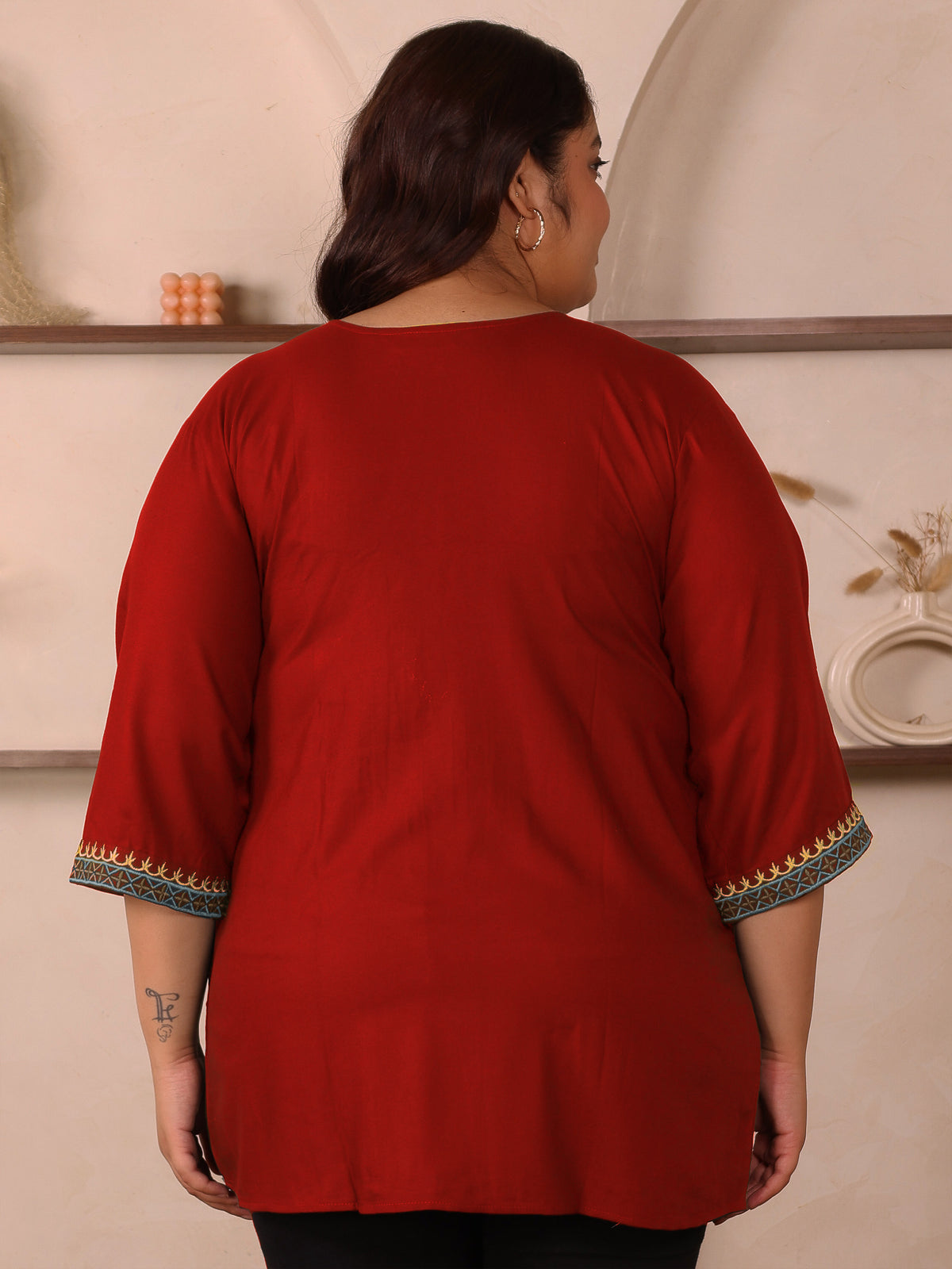 Red Embroidered Plus Size Tunic