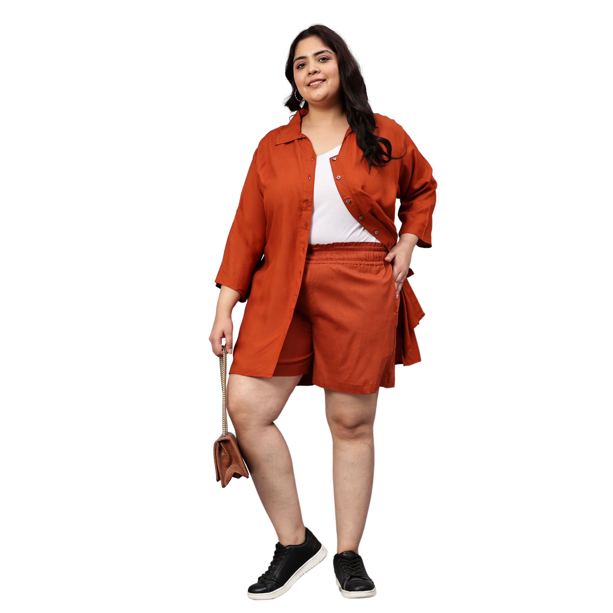 Rust Orange Solid Shirt And Short Set