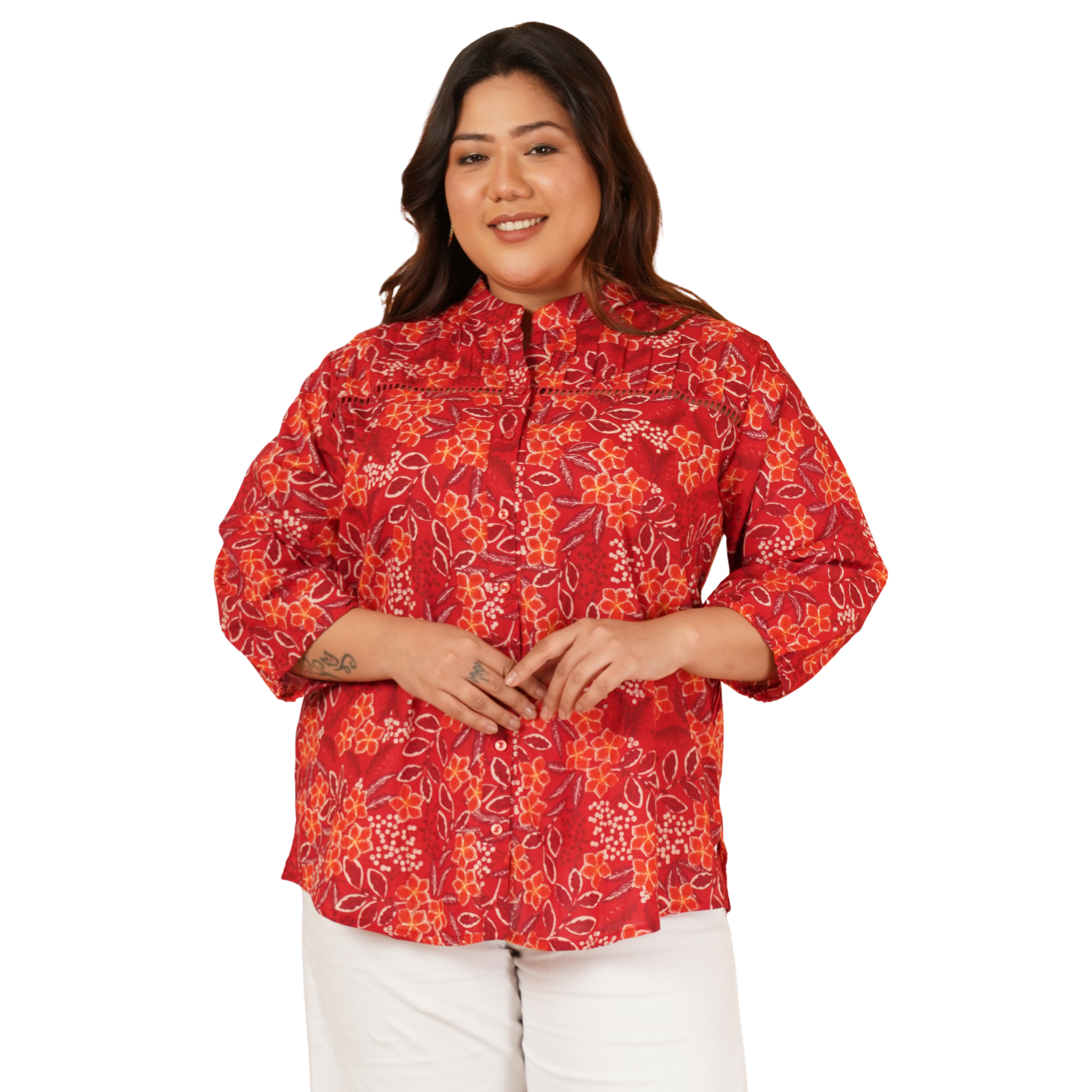 Red Floral Print Plus Size Lace Shirt