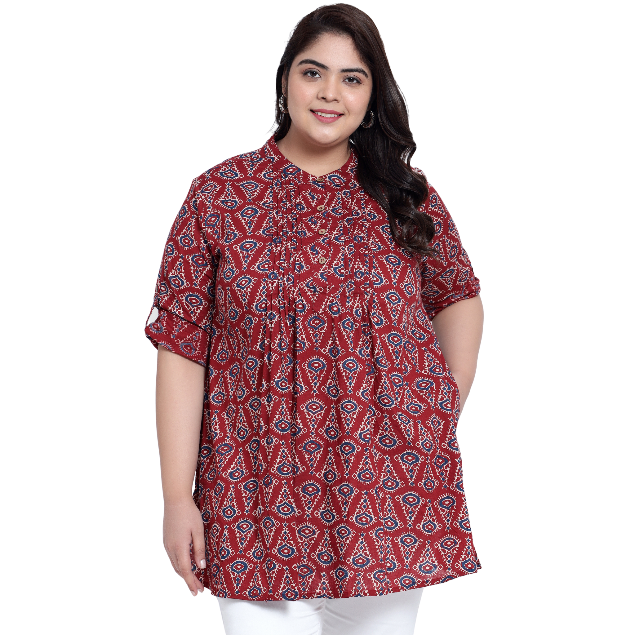 Red Geometric Print Pleat Plus Size Tunic