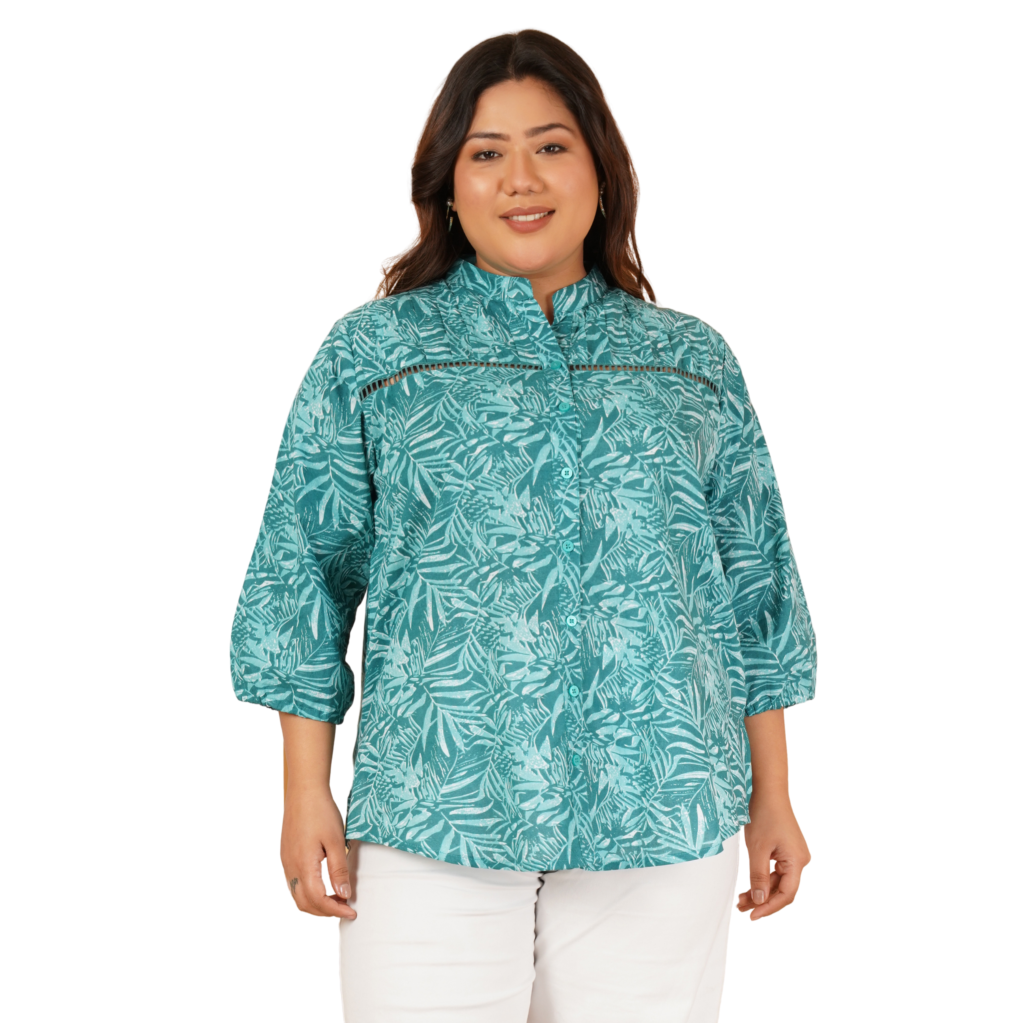 Green Leaf Print Plus Size Lace Shirt