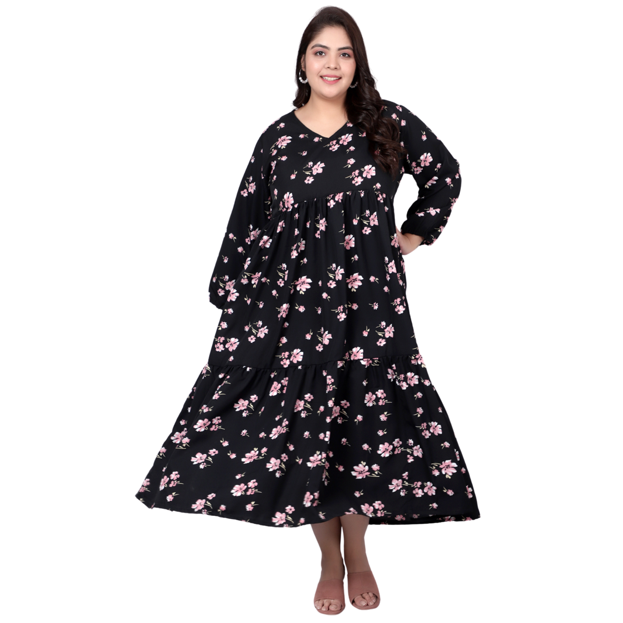 Black Floral Tiered Plus Size Dress