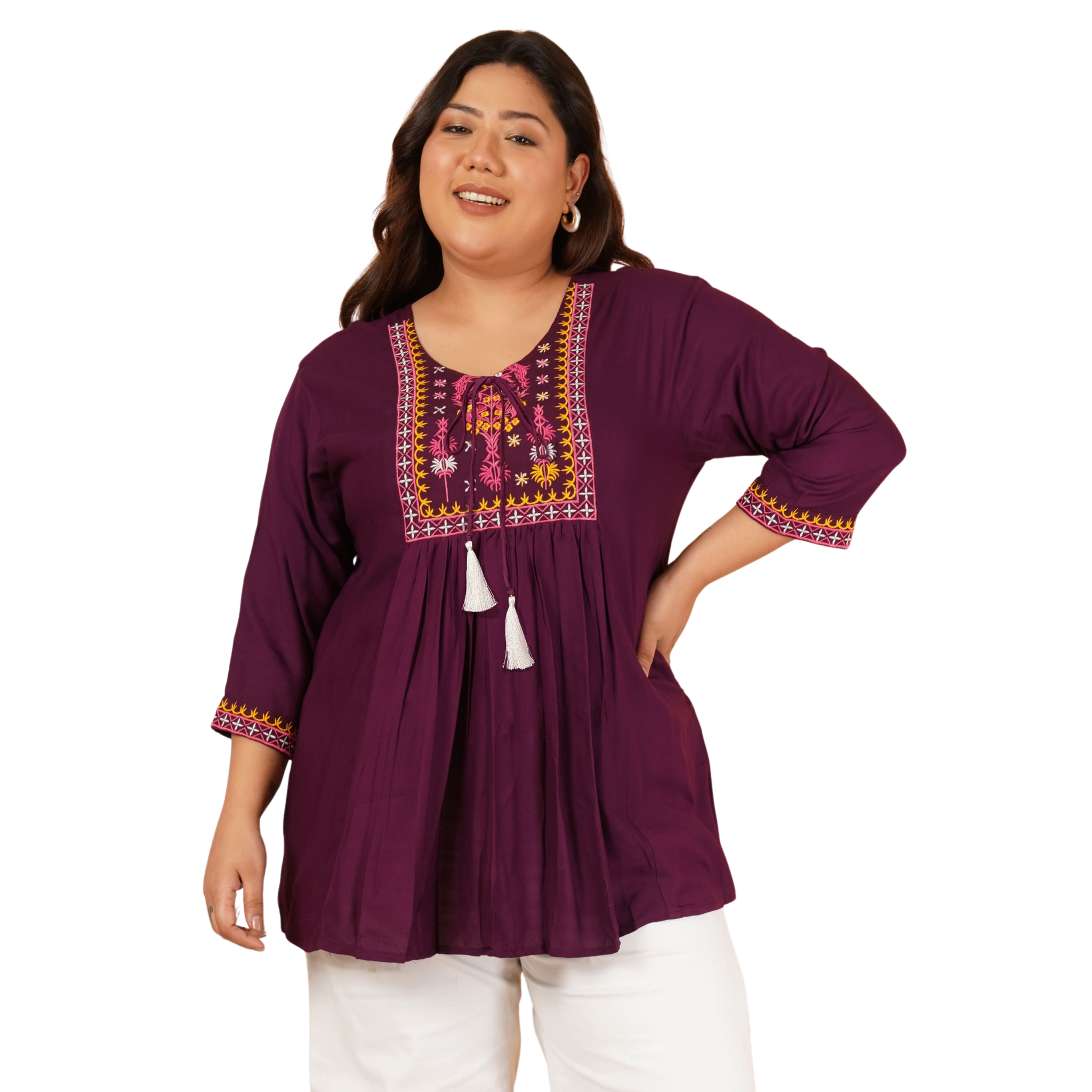 Burgundy Embroidered Plus Size Tunic