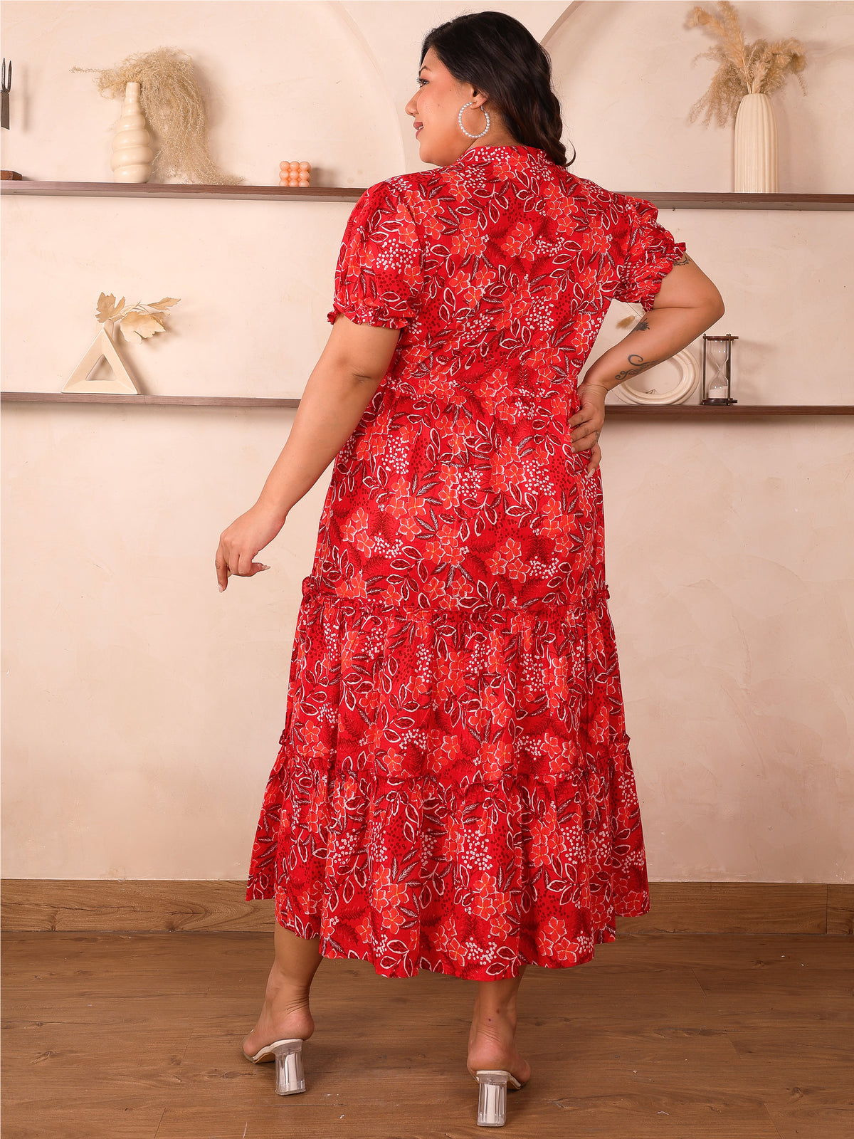 Red Floral Tiered Plus Size Dress
