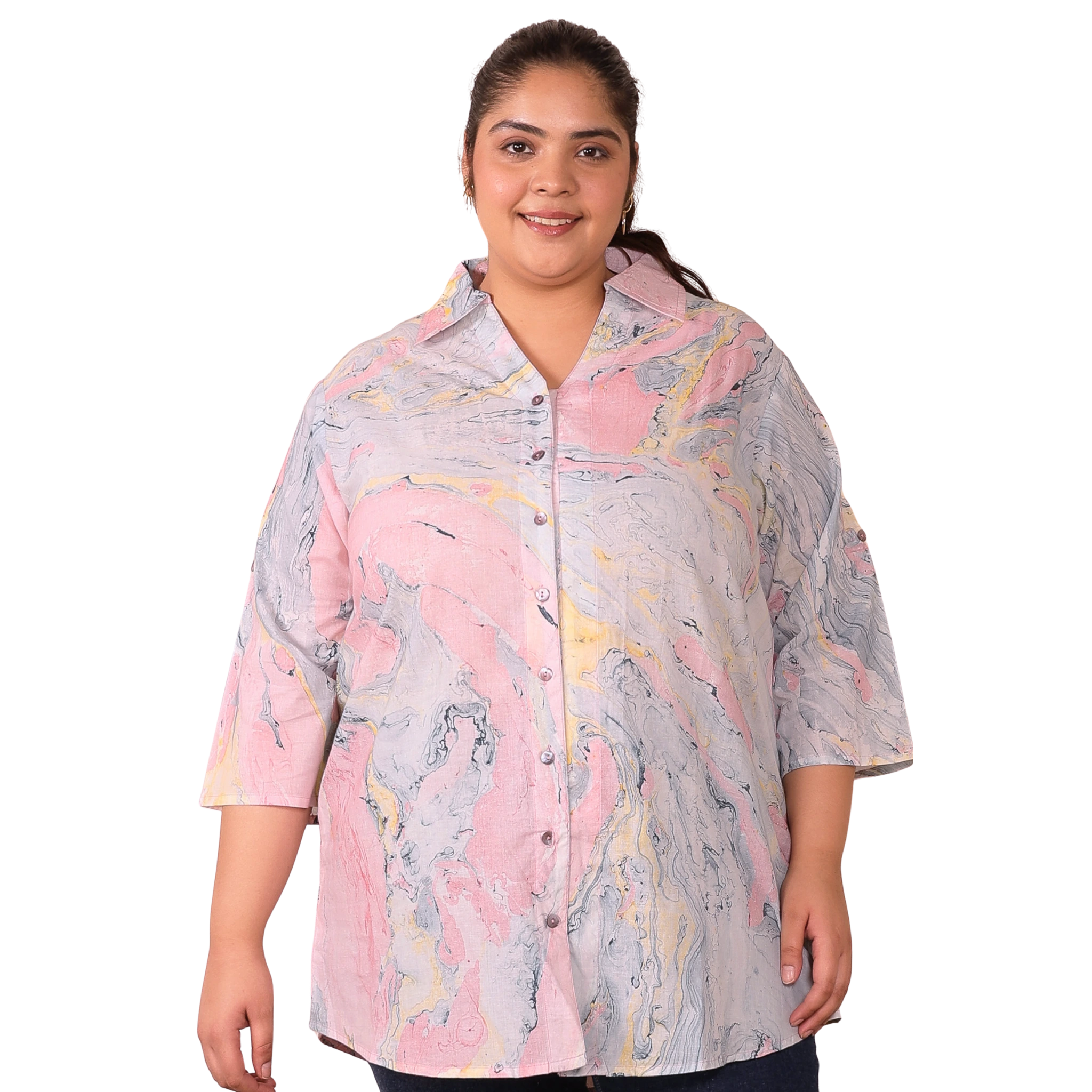 Pink Marble Print Longline Plus Size Shirt