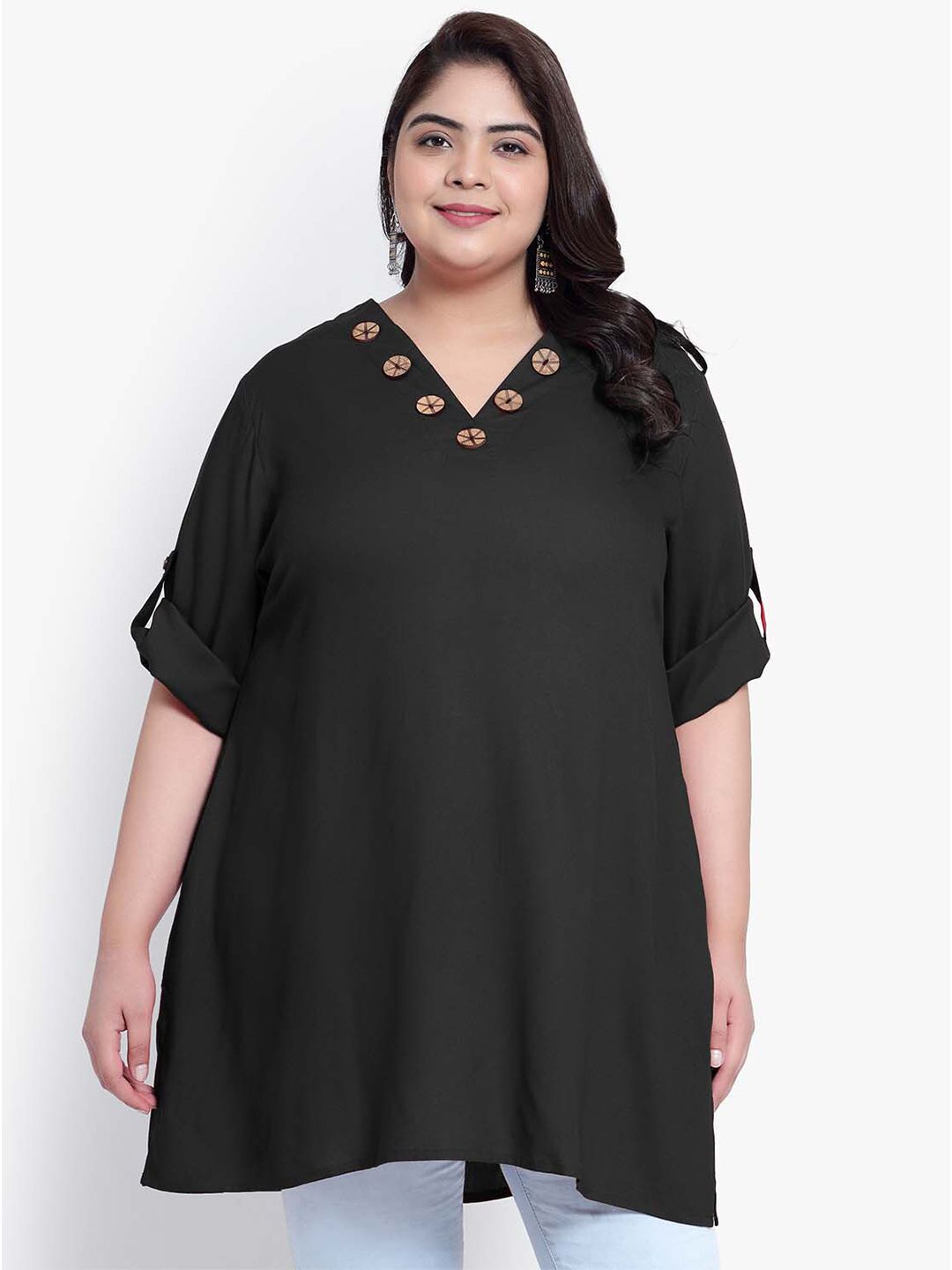 Black Collar Button Plus Size Tunic — view 1