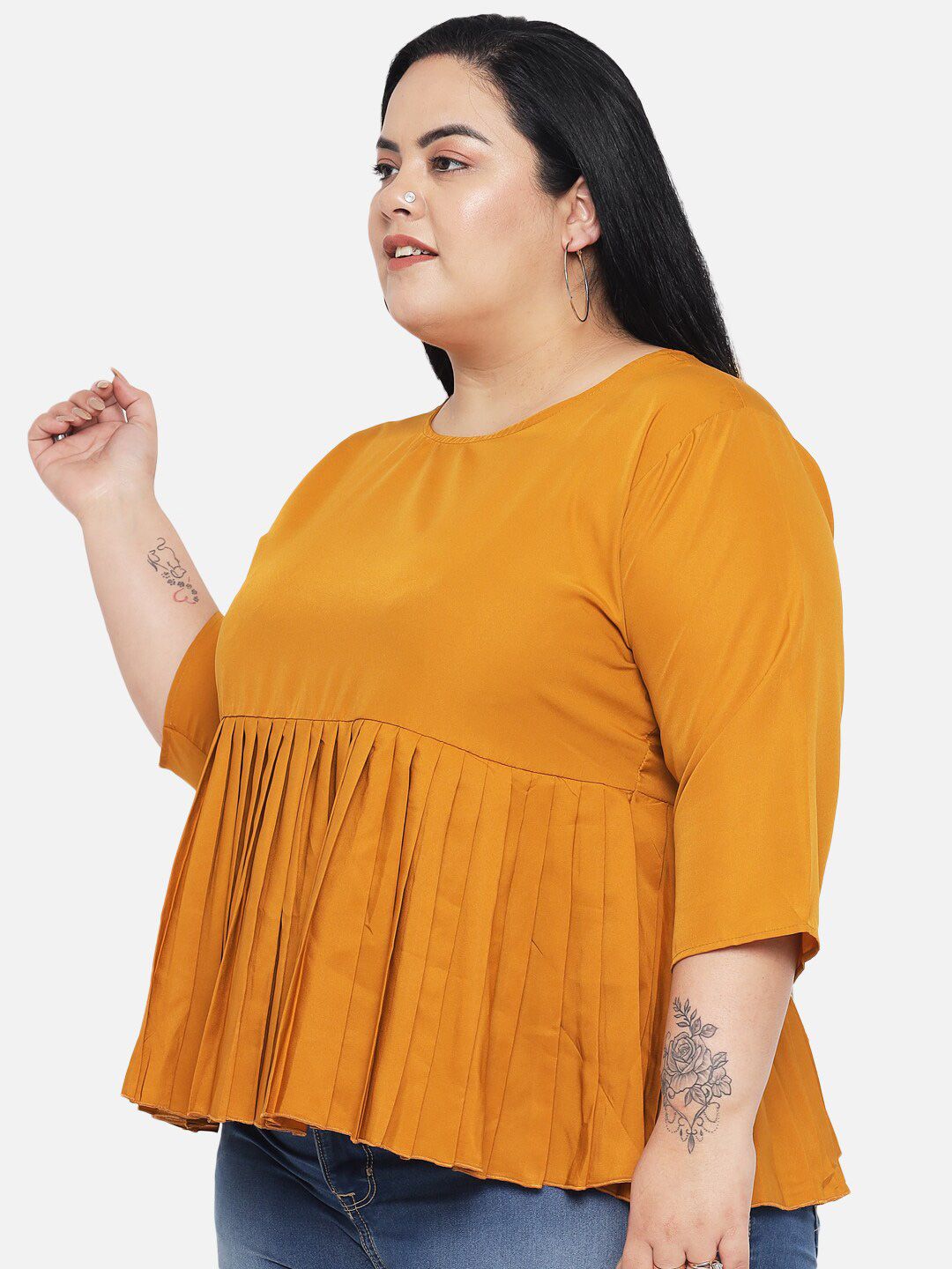 Mustard Solid Waist Pleated Top — view 3