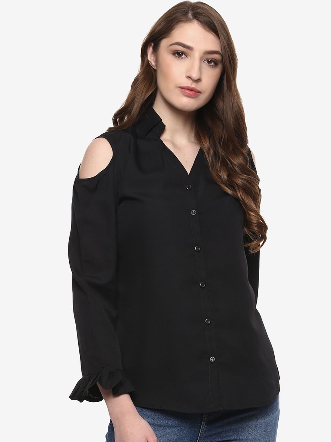 Black Cold Shoulder Ruffled Shirt — view 1