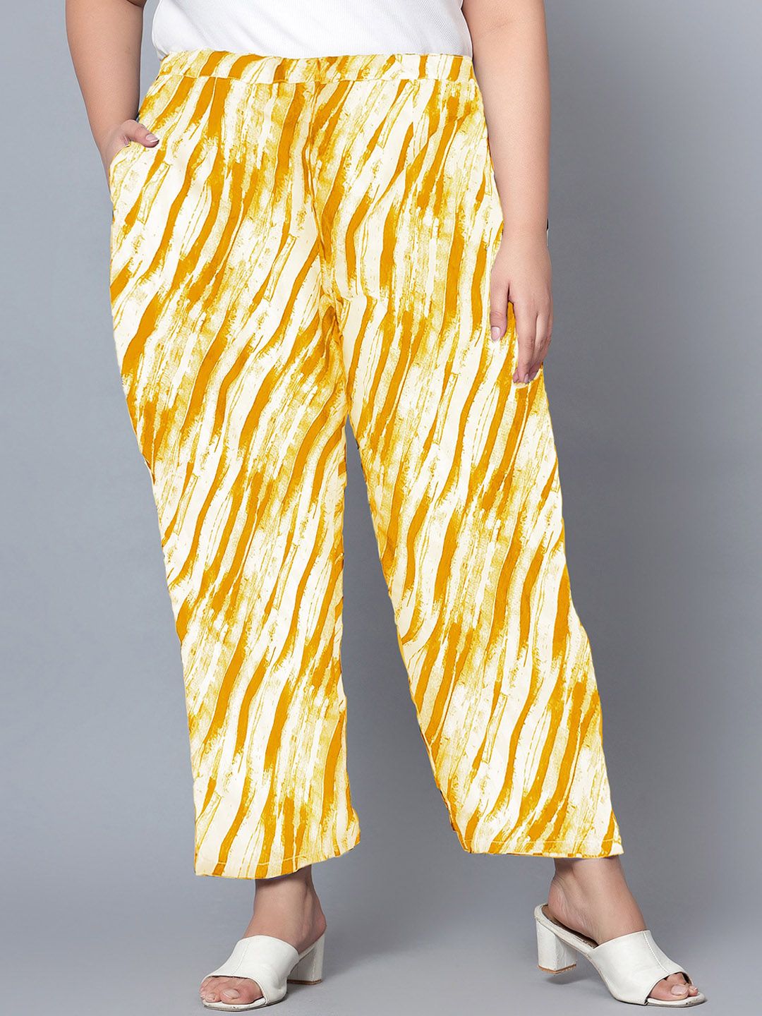 Yellow Leheriya Print Plus Size Trousers — view 1