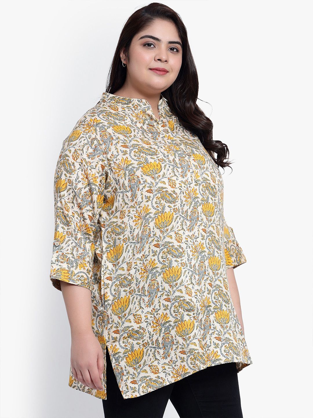 Yellow and Beige Floral Print Plus Size Tunic — view 3