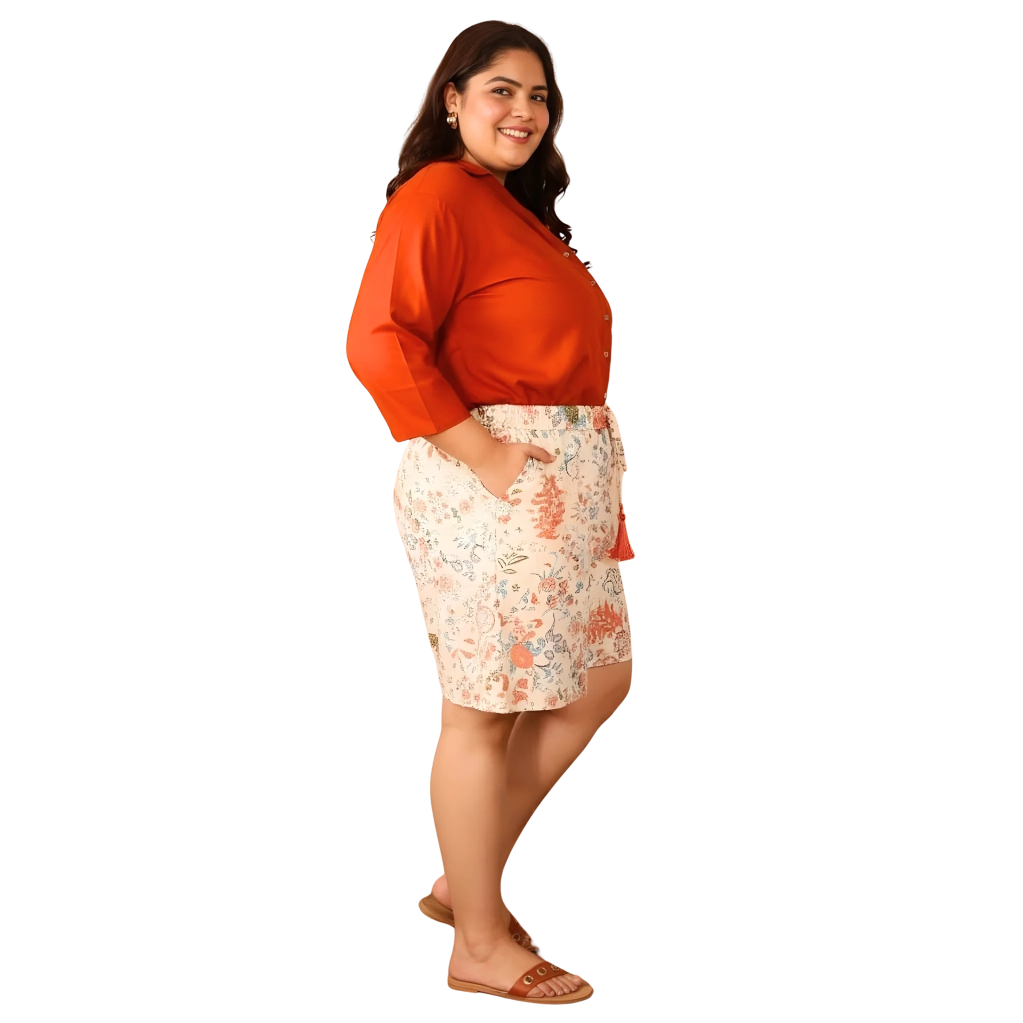 Orange Solid Shirt and Floral Print Shorts Set