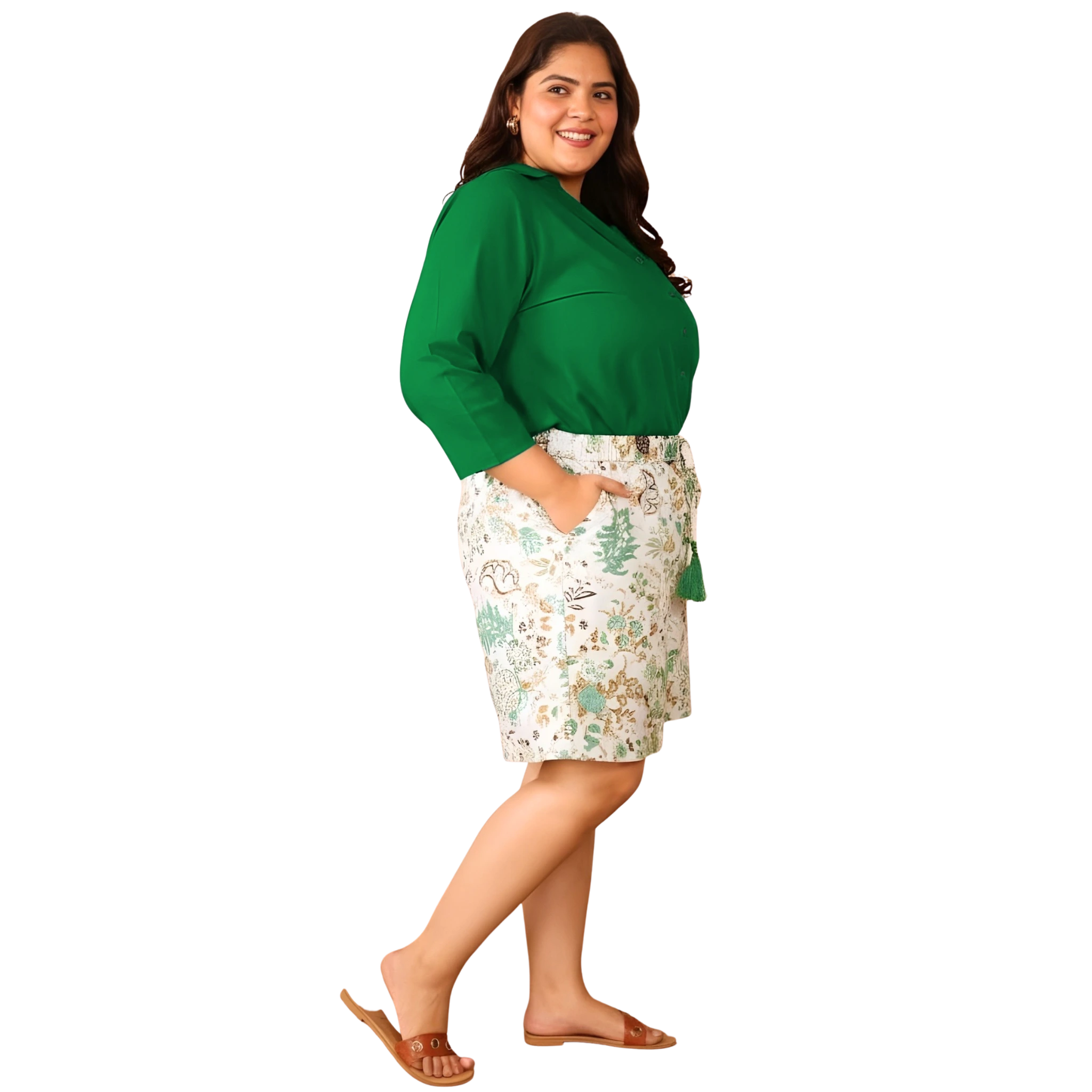 Green Solid Shirt and Floral Print Shorts Set