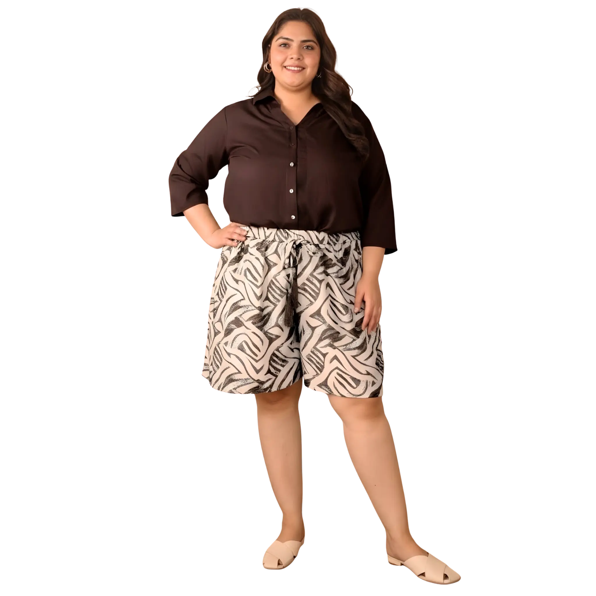 Brown Solid Shirt and Abstract Print Shorts Set